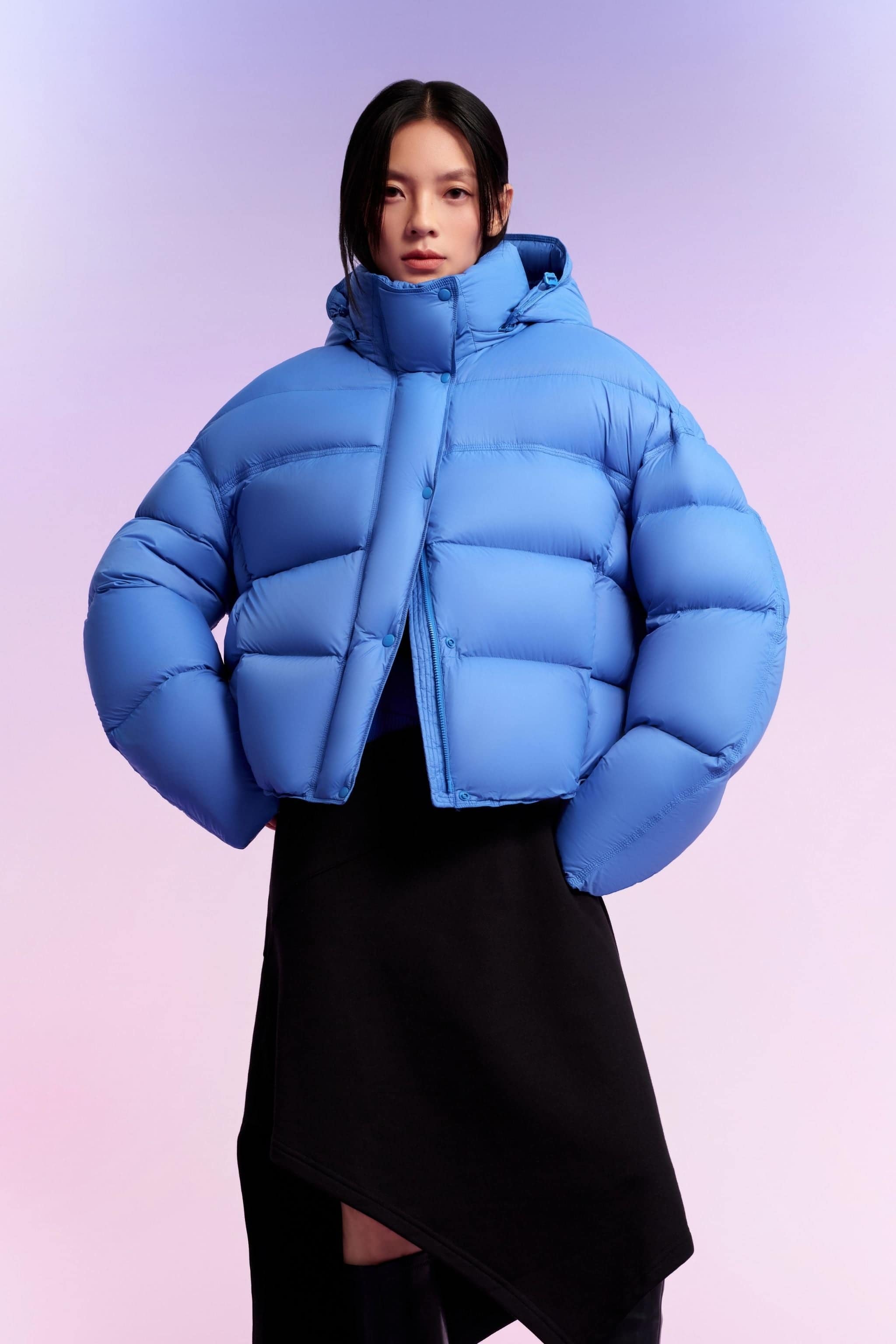 Women's Innovative Down Puffer With Hood 102 — puffer merges contemporary fashion with exceptional warmth — designed in Royal Blue, sizes 4–8; water-resistant, windproof