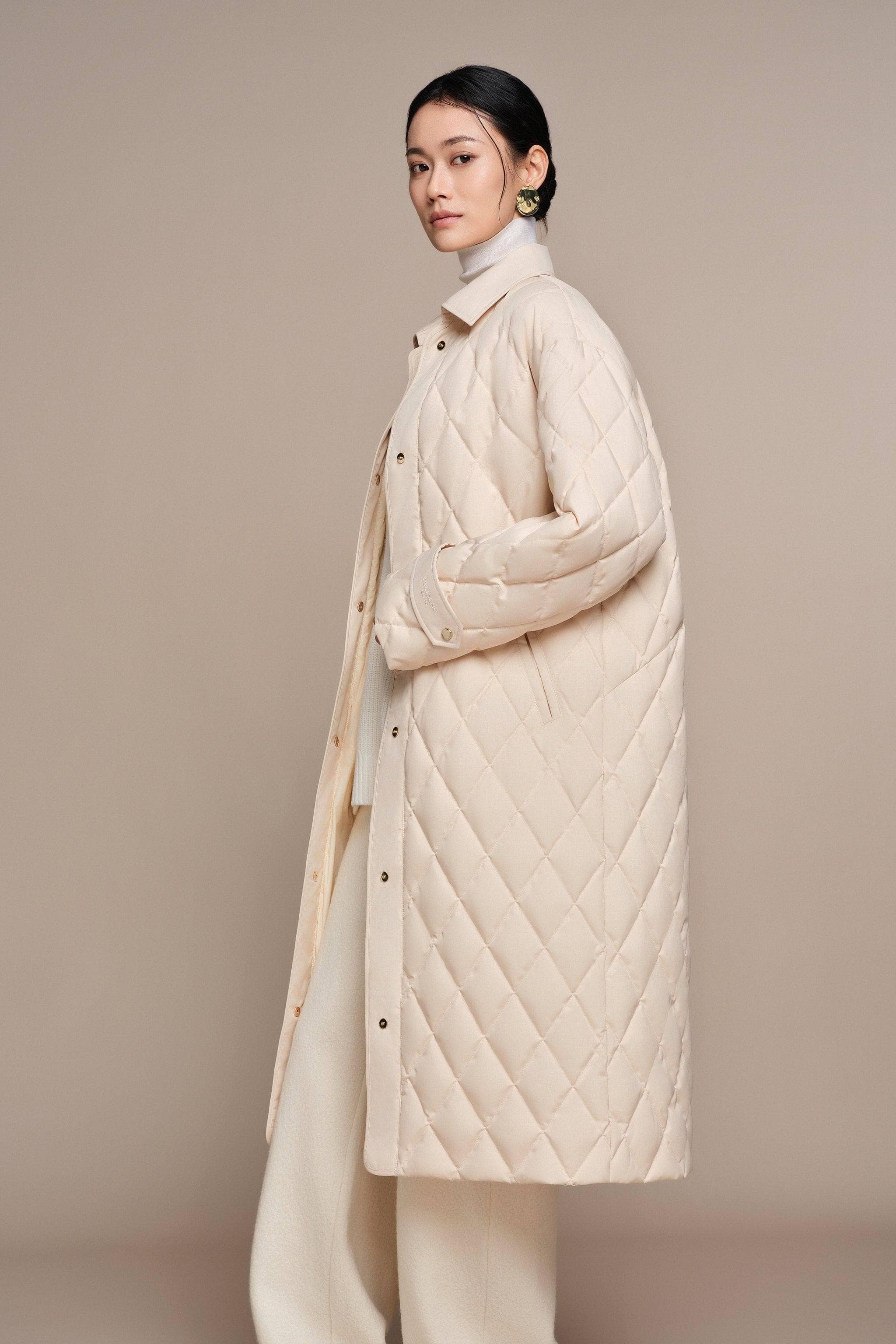 BOSIDENG 2025 Women's Full Length Goose Down Quilted Jacket Soft Light Beige / 4