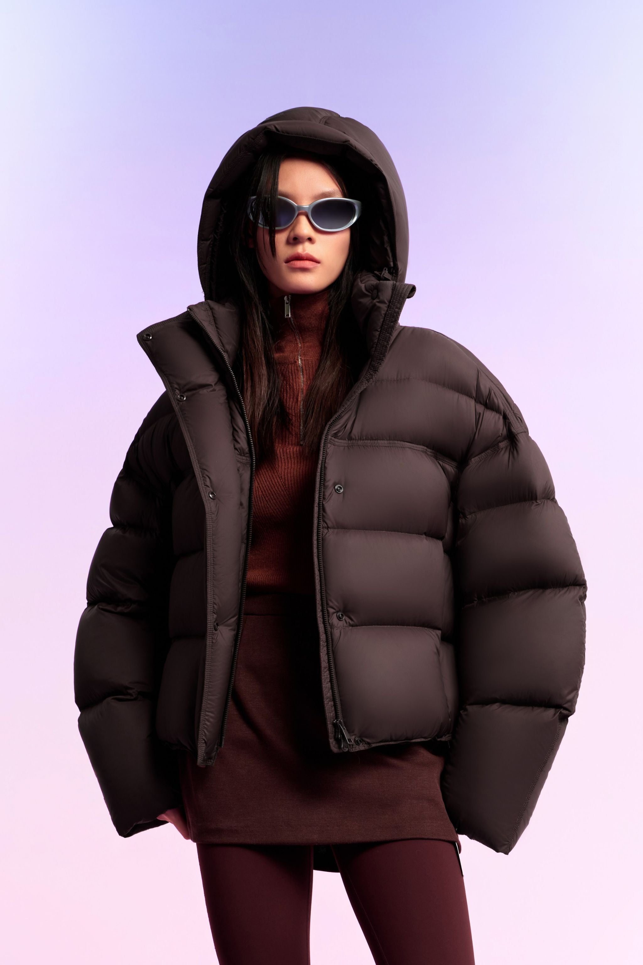 Women's Innovative Down Puffer With Hood 102 — puffer merges contemporary fashion with exceptional warmth — designed in Walnut, sizes 4–8; water-resistant, windproof