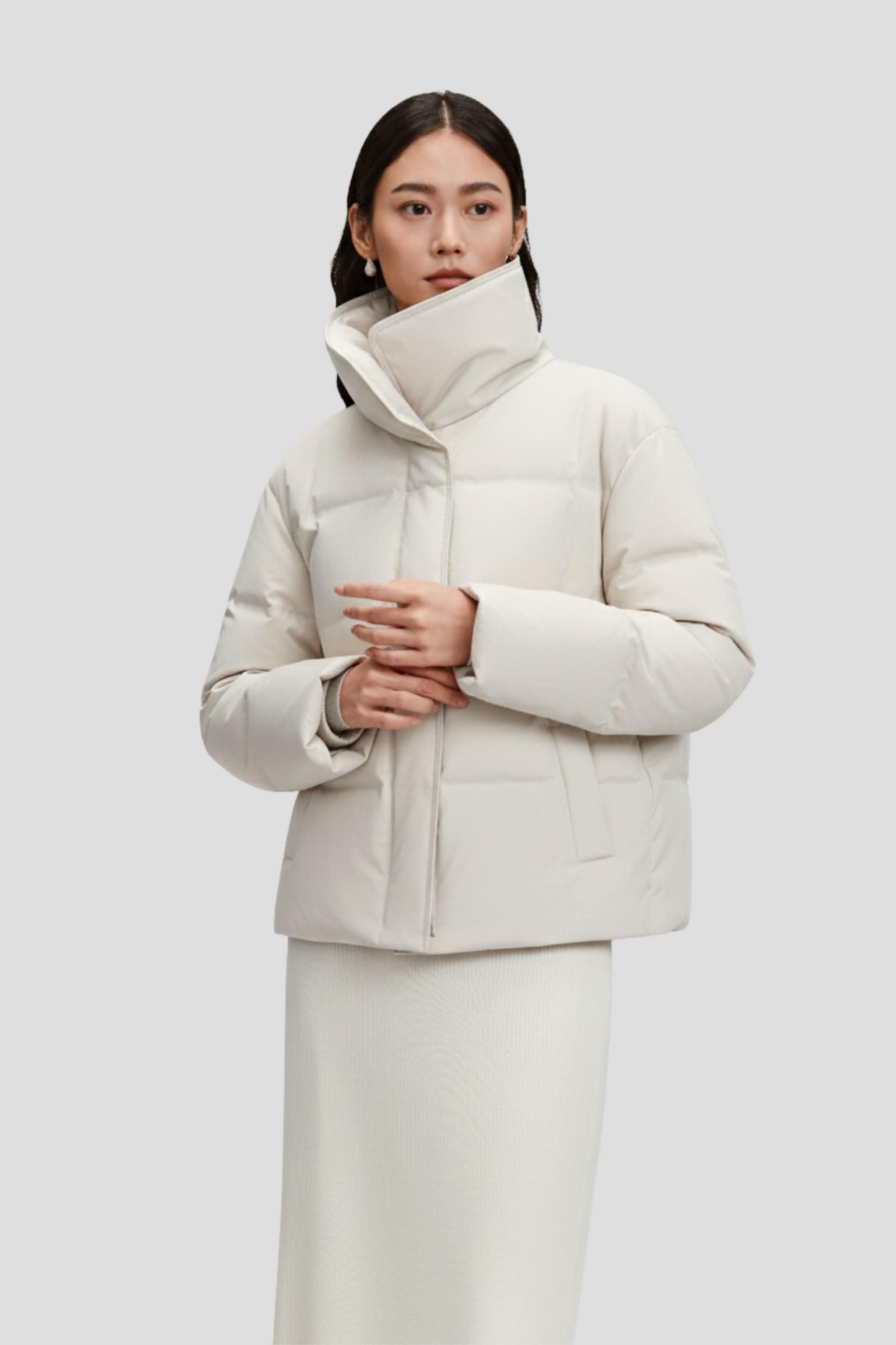 Women's Business Classic Goose Down Jacket With Lapel 112 — Crafted from refined Chinese jacquard fabric in Ivory jacquard, sizes 4–16