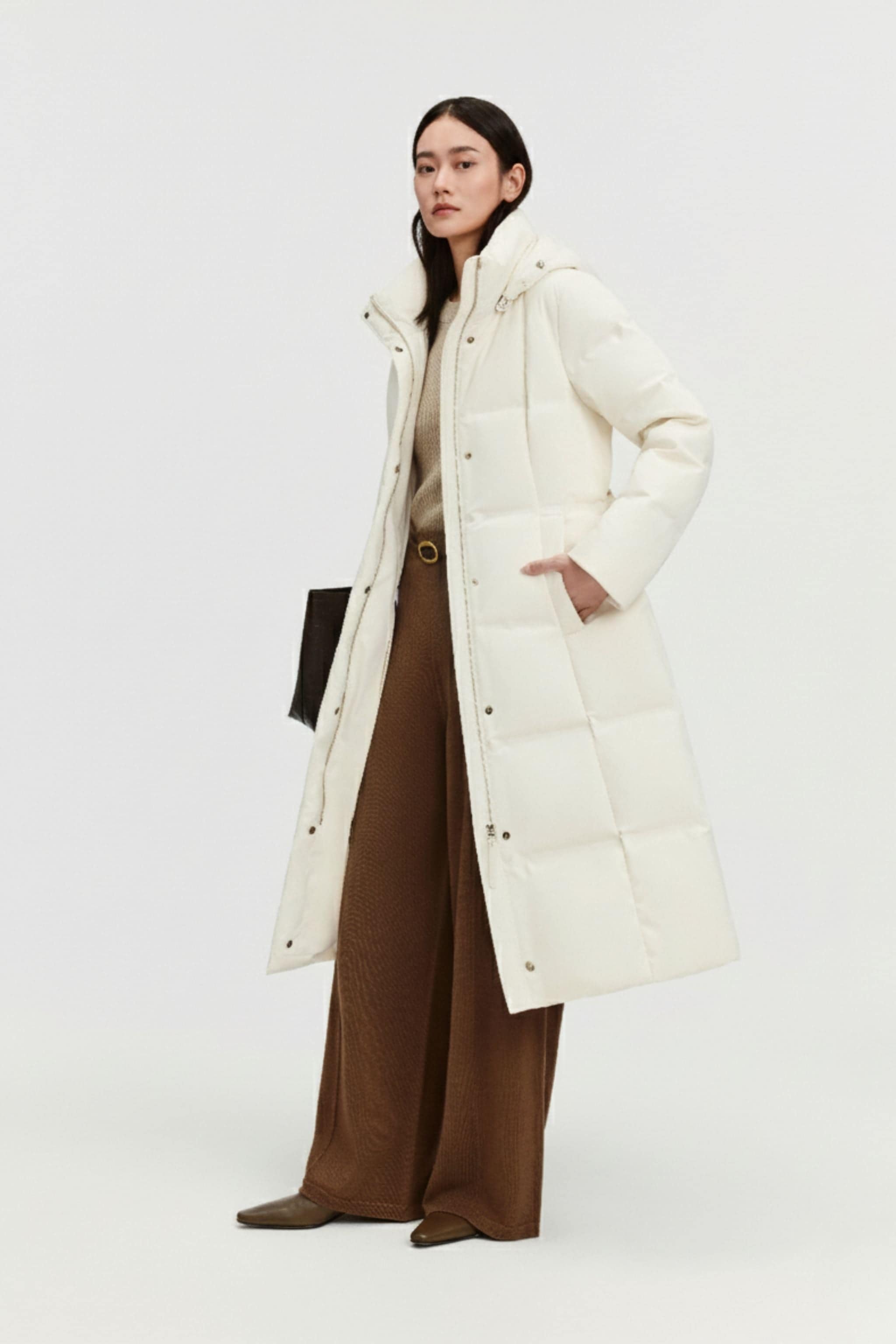Women's Business Classic Hooded Goose Down Jacket With Belt 156 — full-length down jacket blends soft stretch cotton — view 8