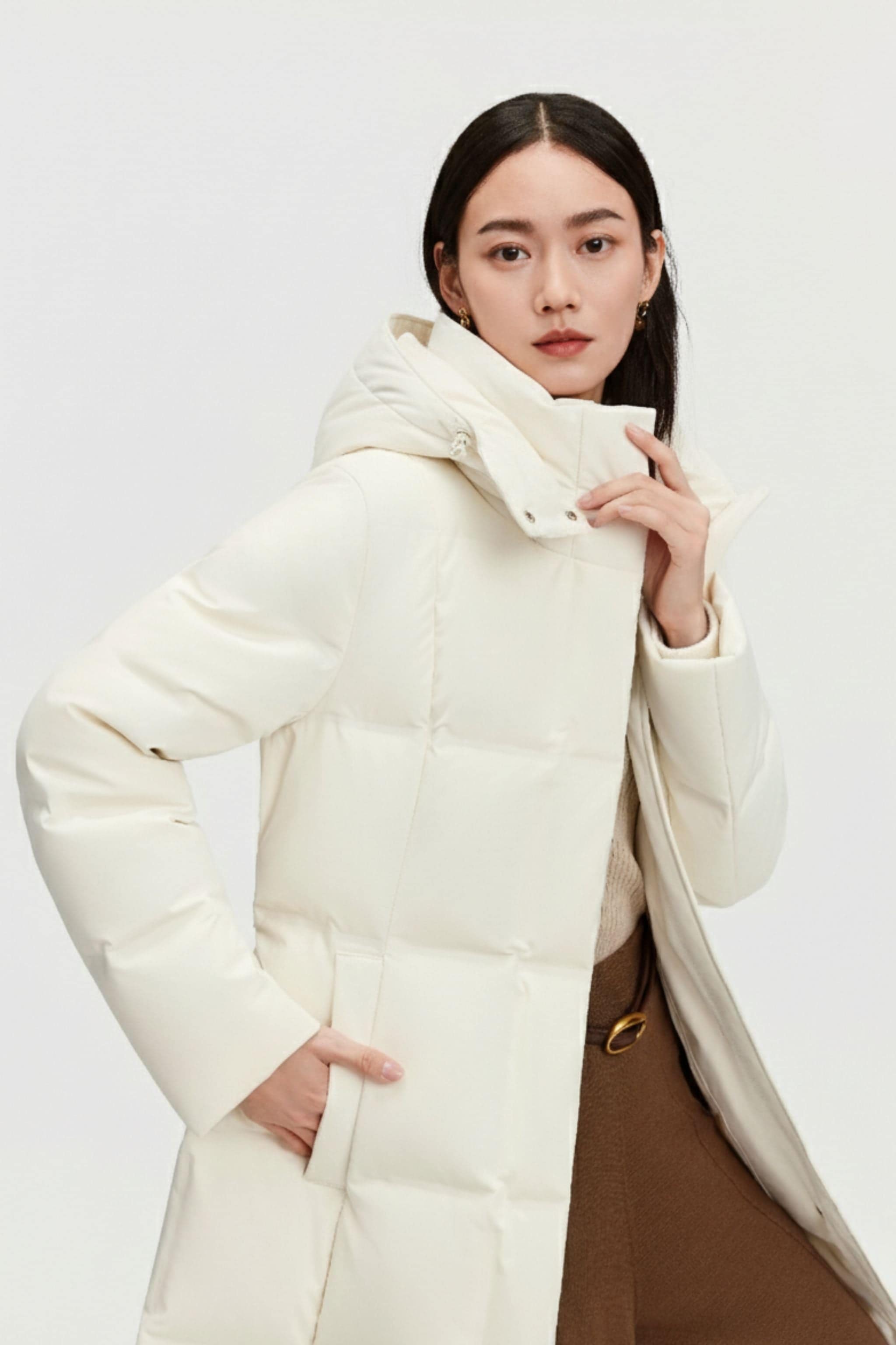 Women's Business Classic Hooded Goose Down Jacket With Belt 156 — full-length down jacket blends soft stretch cotton — view 10