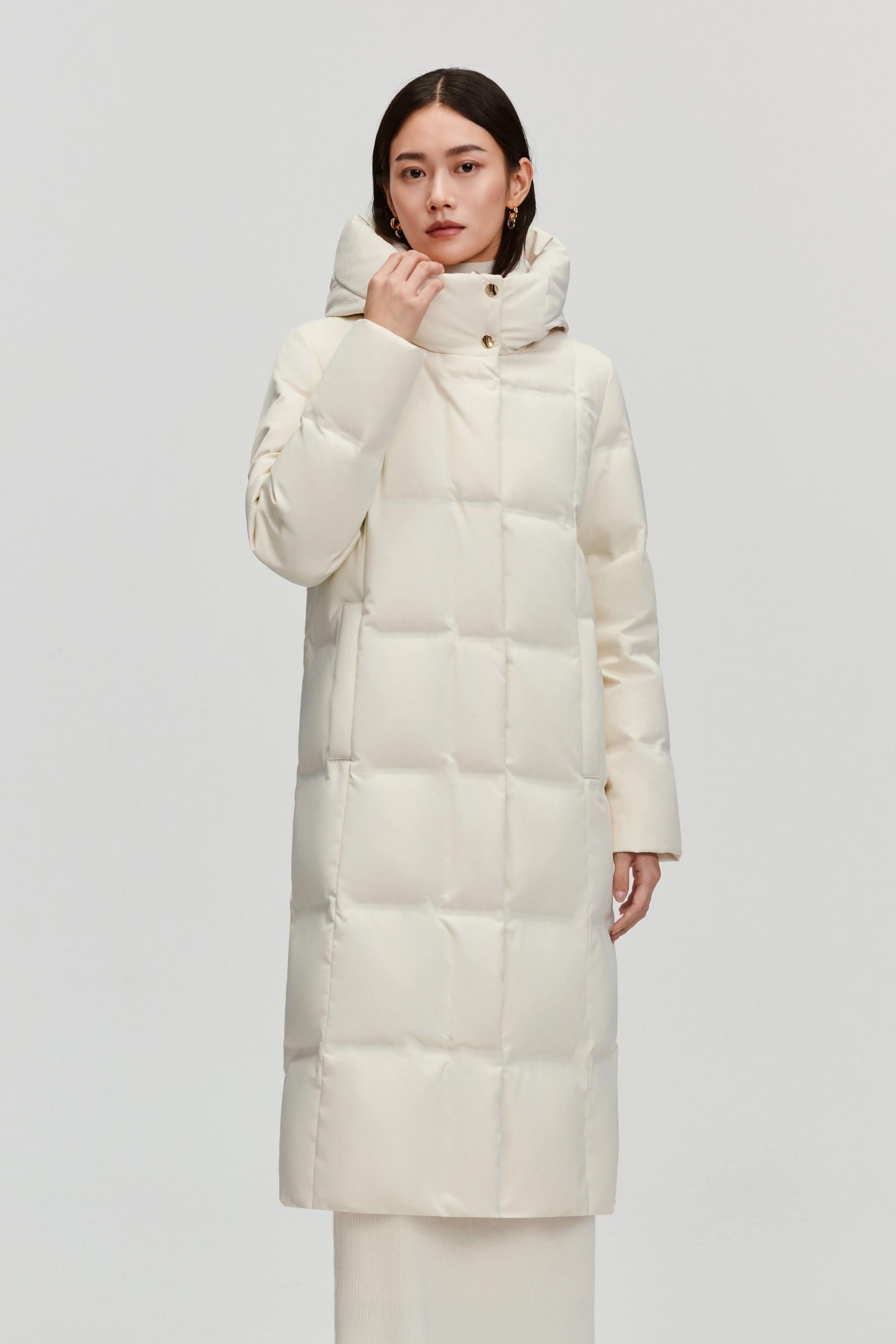 Women's Business Classic Long Quilted Goose Down Jacket 174 — jacket perfectly balances sophistication and function in Ivory jacquard, sizes 4–12