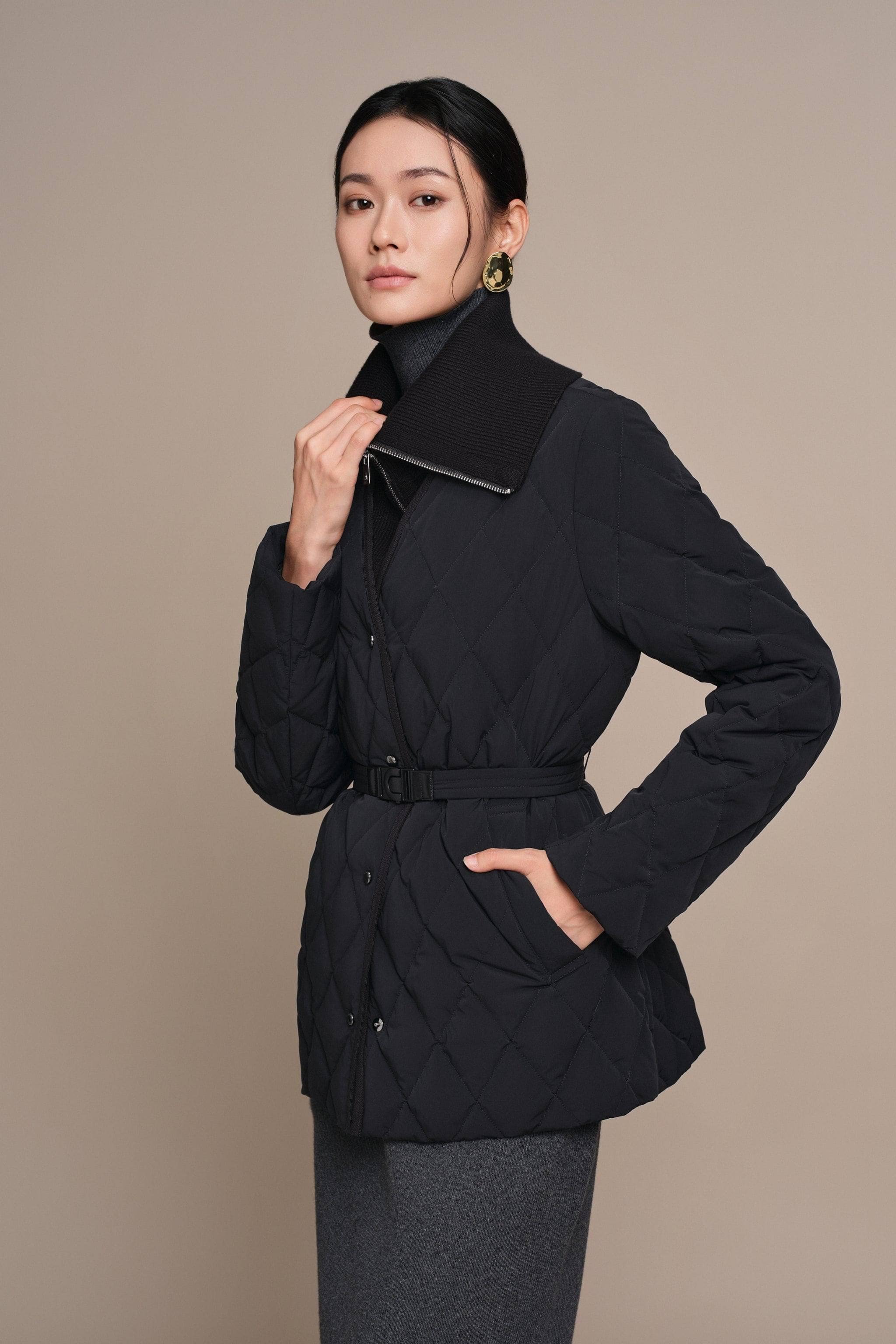 BOSIDENG 2025 Women's Mixed Media Goose Down Jacket With Belt