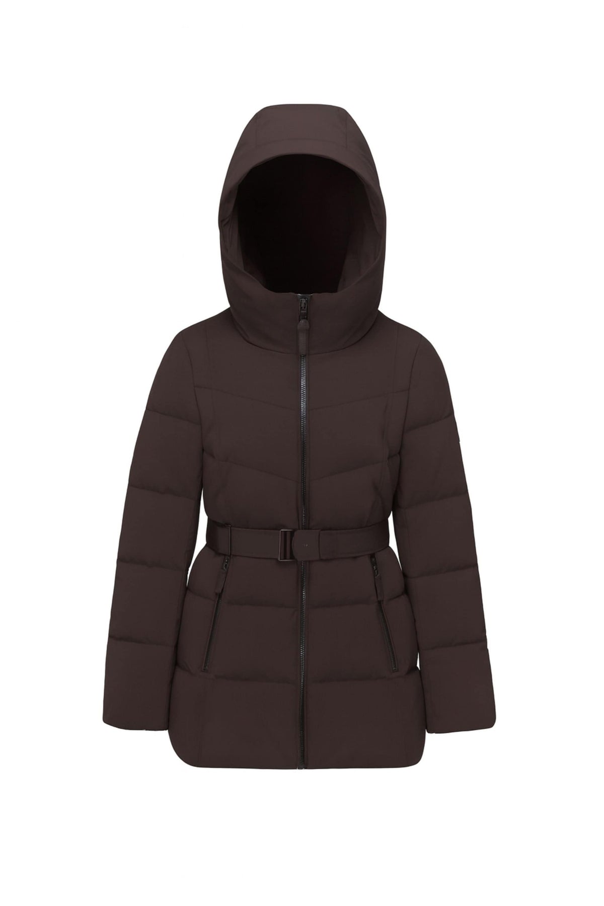 Women's Premium Extreme Short Goose Down Jacket With Belt 722 — jacket transitions seamlessly from outdoor commutes; water-resistant, windproof