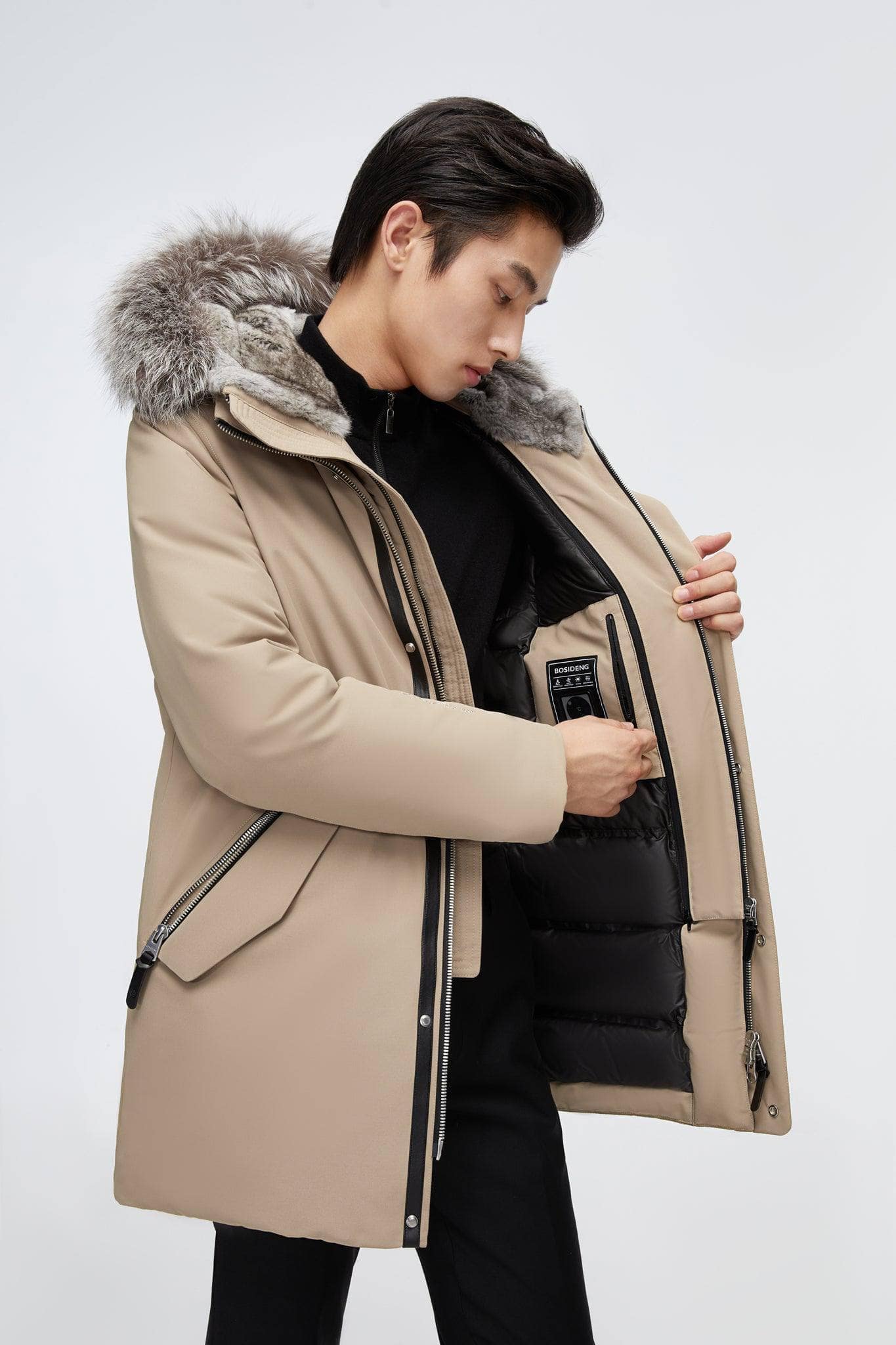 BOSIDENG 2022 Mid-Length Hooded Goose Down Trench Jacket