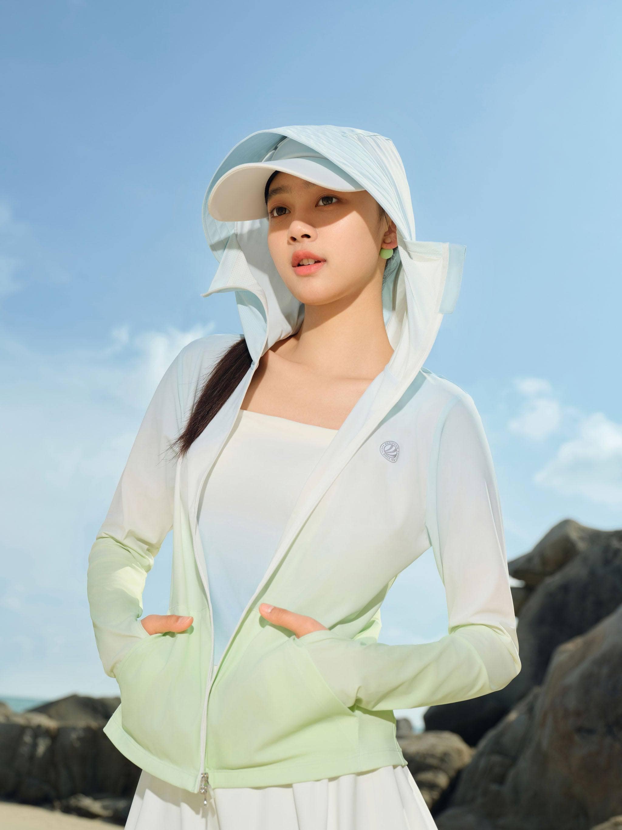 Women's UPF Protection Jacket 5144 — Original yarn with UPF100+ sun protection offers a cool, comfortable, lightweight in Blue-Green Gradient, sizes 4–14; UPF 100+