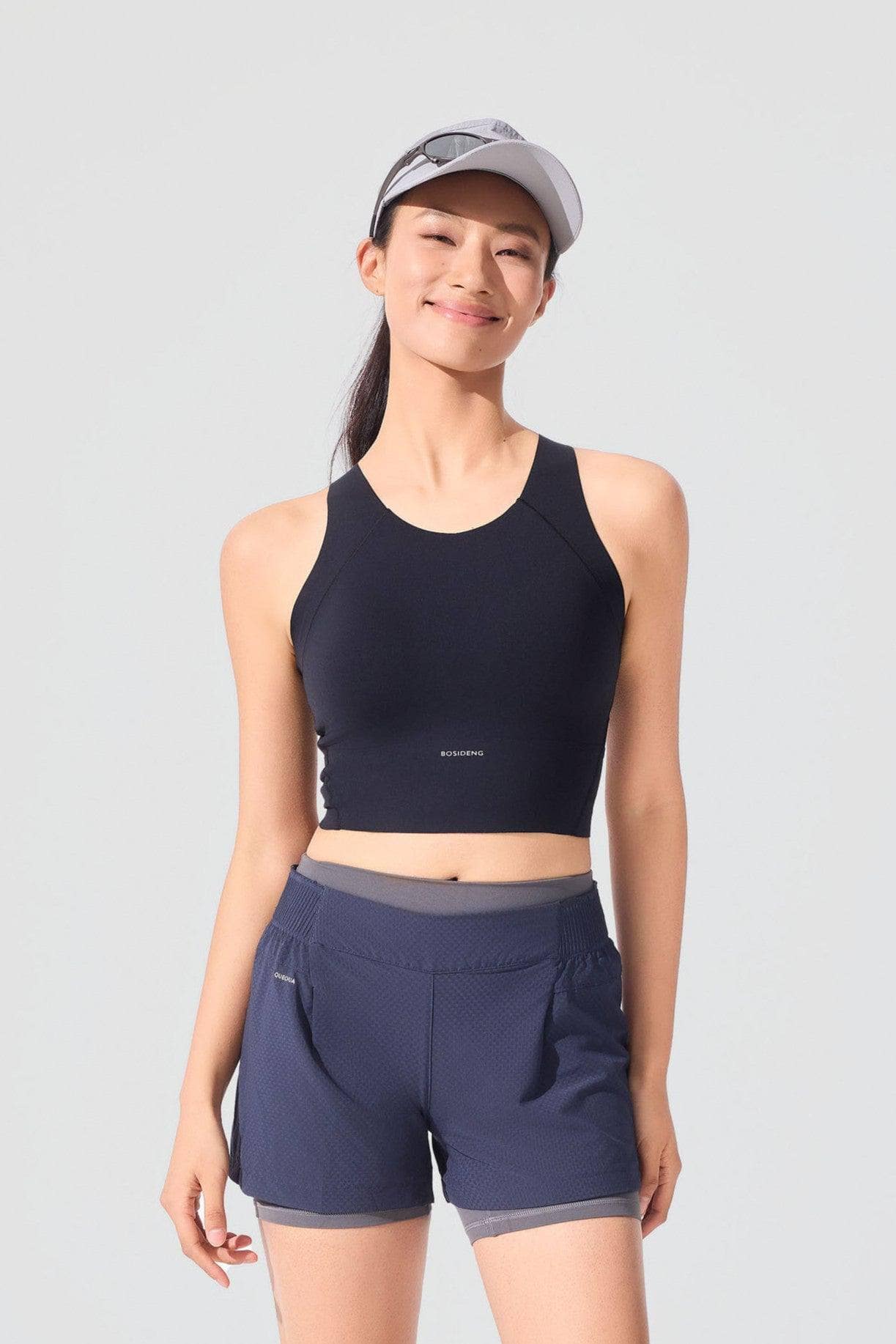 Women's Summer Sports Cropped Vest 3194 — built-in-bra sports cami features breathable 3D padding for shock absorption in Black, sizes 4–16