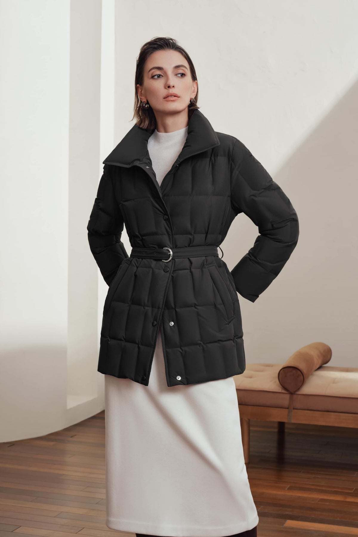 Womens Lapel Collar Goose Down Jacket W/ Belt 142