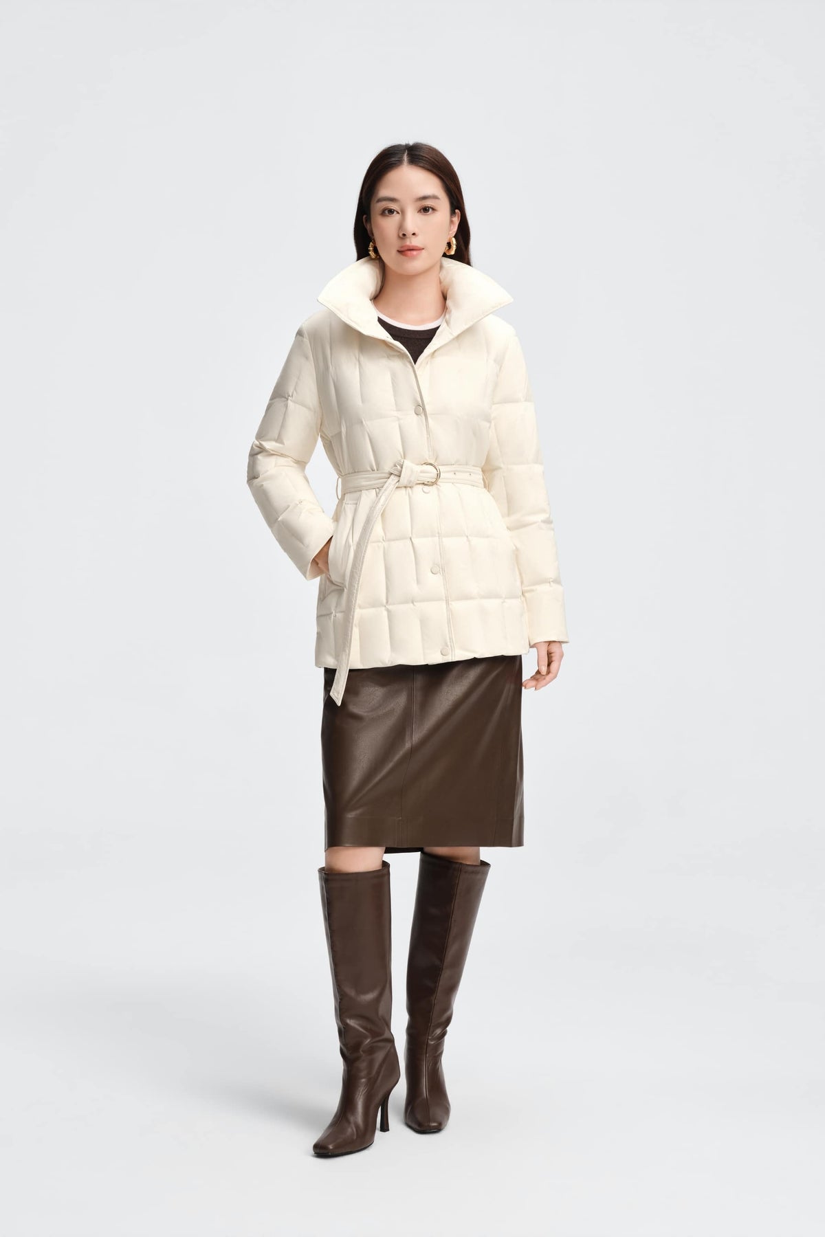 Womens Lapel Collar Goose Down Jacket W/ Belt 142