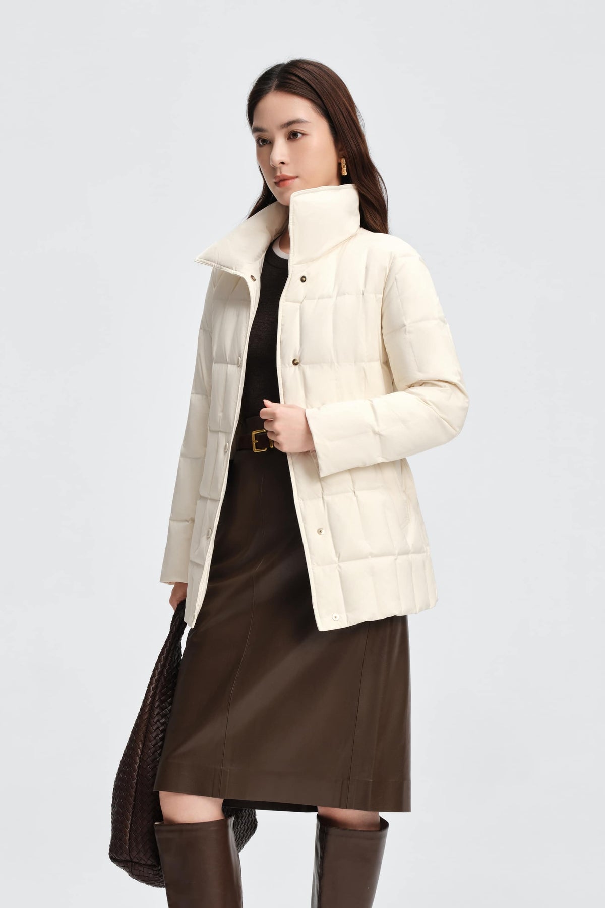 Womens Lapel Collar Goose Down Jacket W/ Belt 142