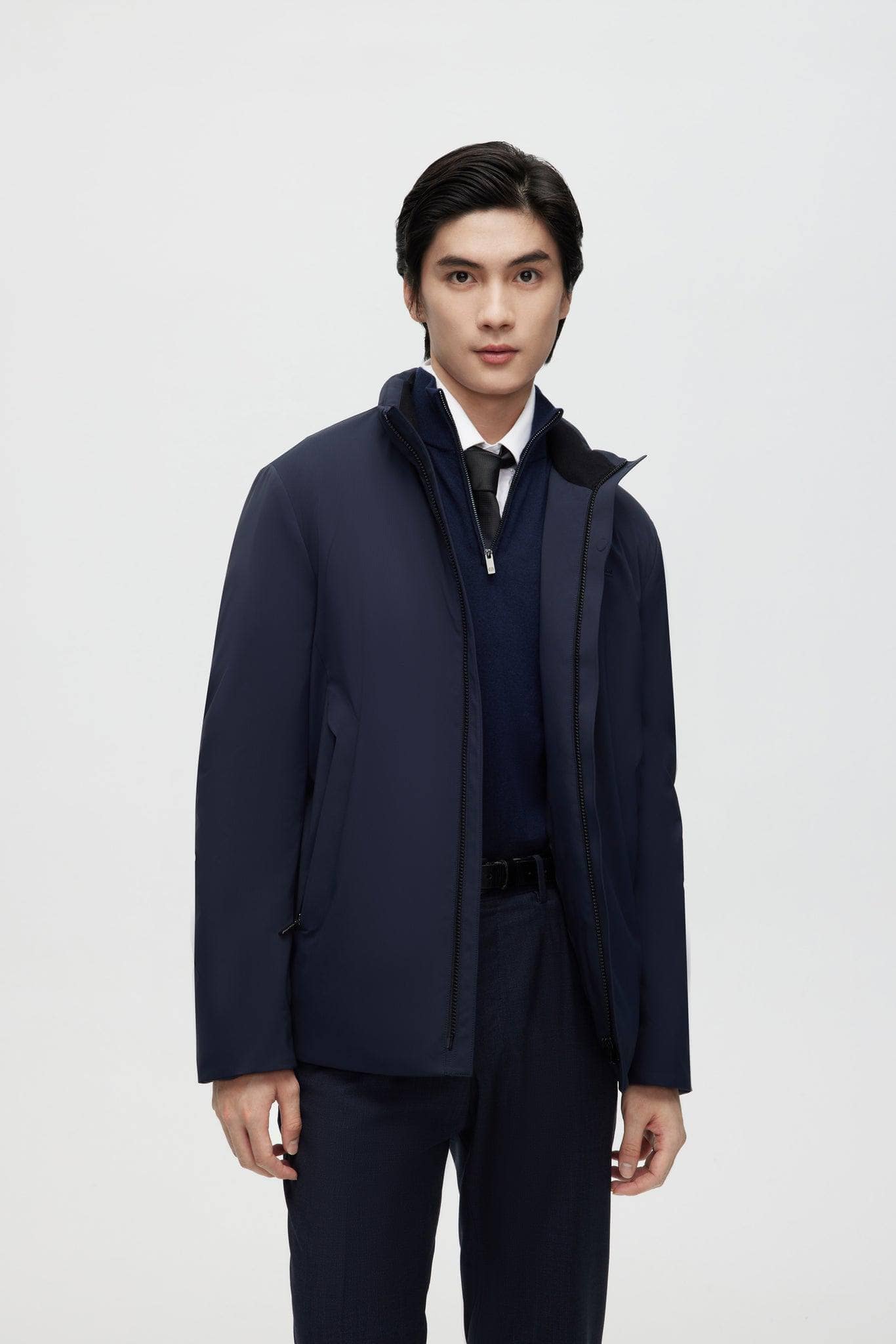 Stand Collar Goose Down Short Trench — Experience ultimate warmth with our deluxe 700+ fill goose down and flawless in Navy, sizes XS–XXL