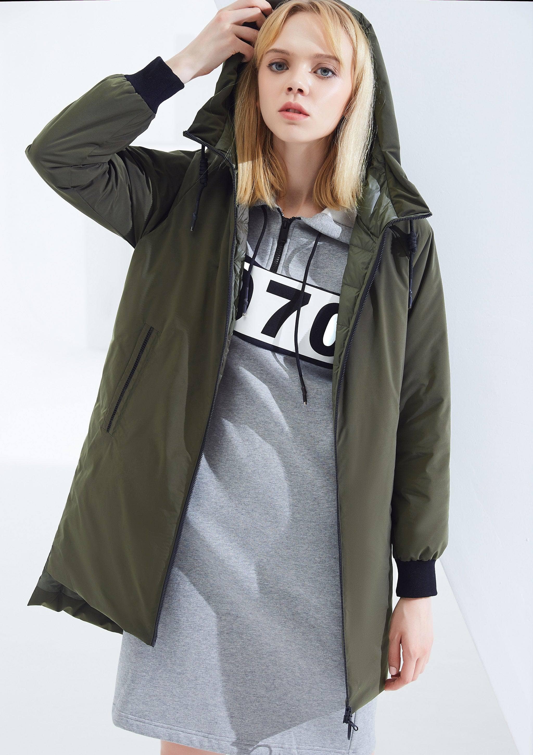 Parka Style Hooded Down Jacket — Stay warm and stylish in our Parka Style Hooded Down Jacket in porcelain green, sizes 10–16