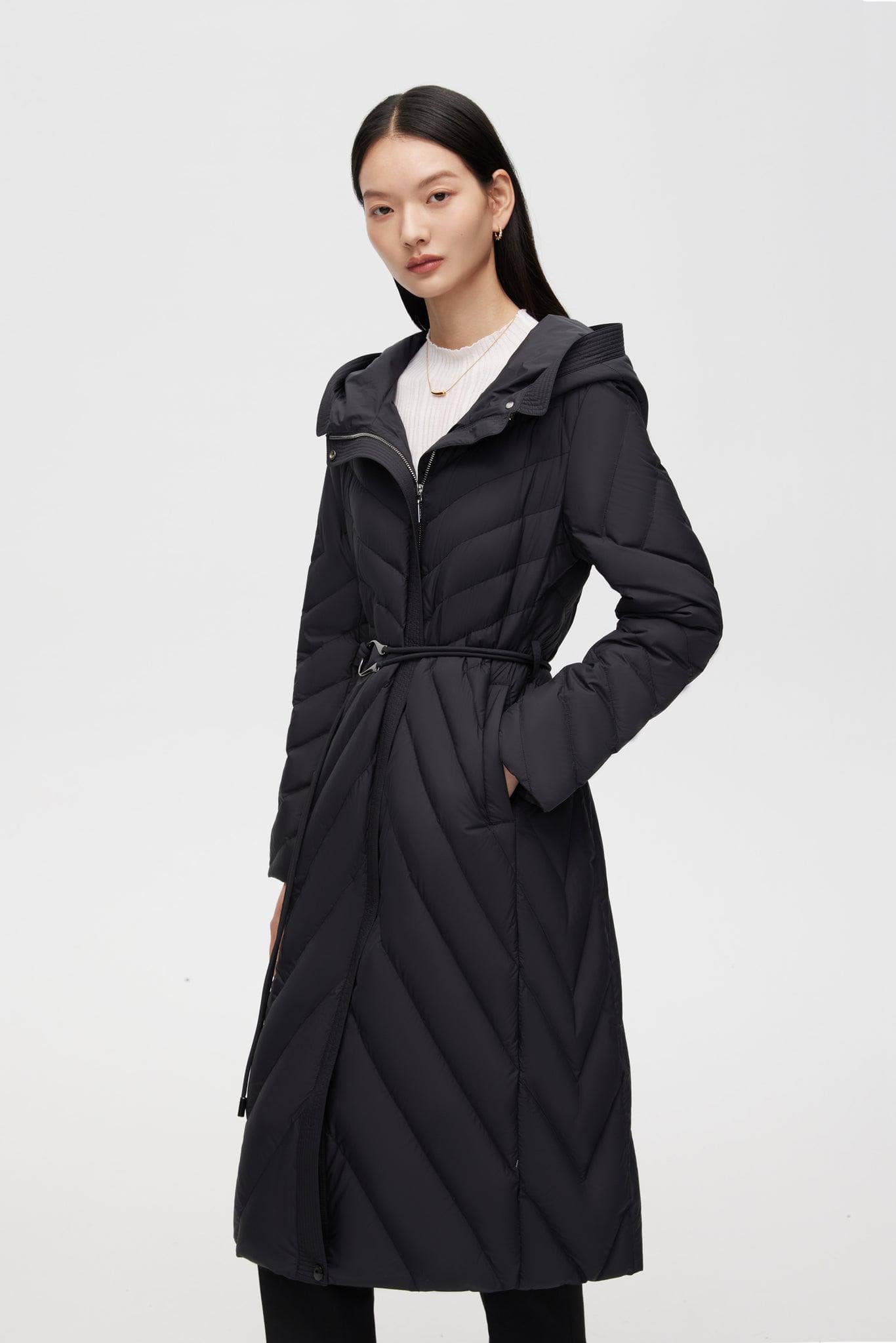 Women's Long Hooded Goose Down Jacket With Belt 4172