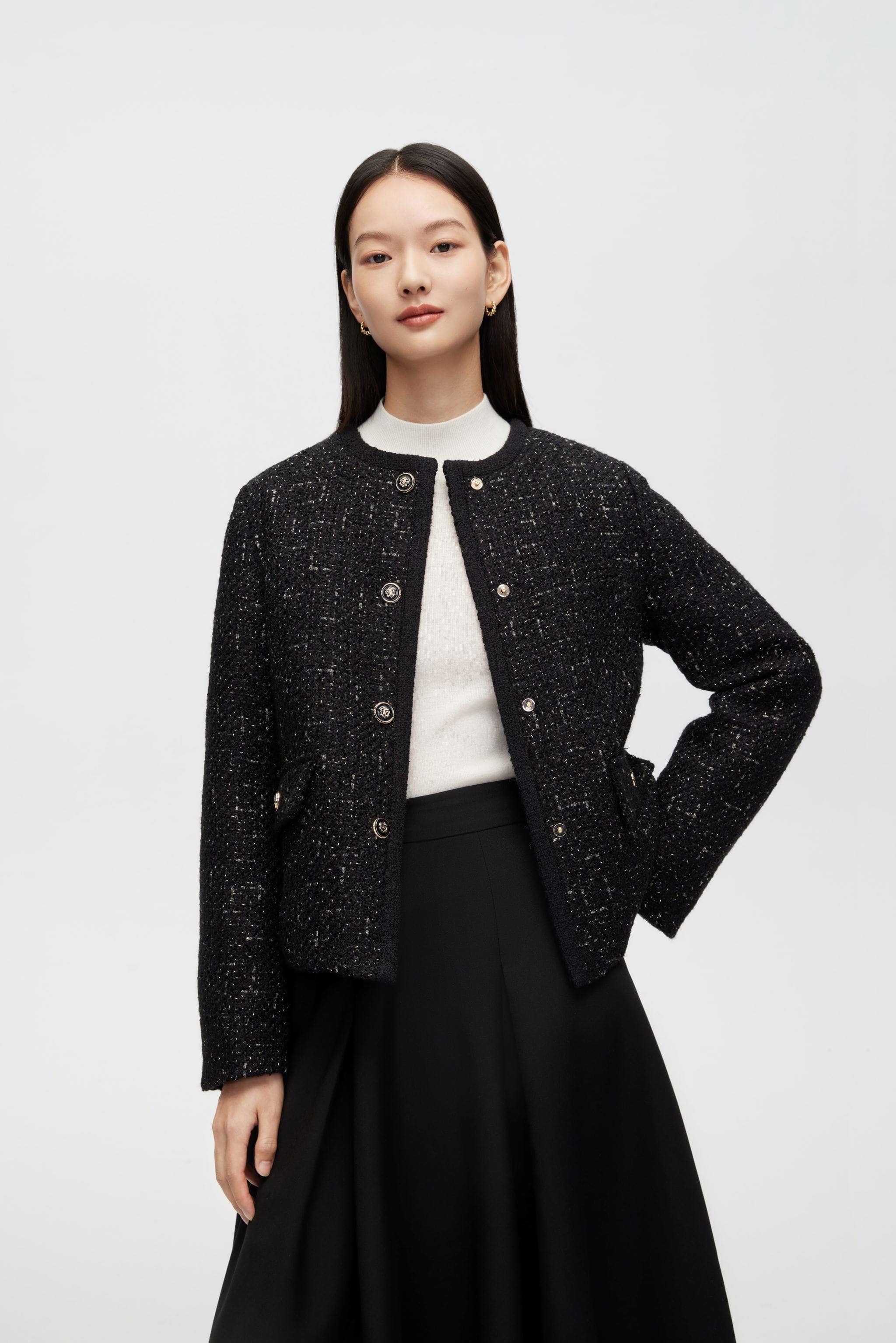 BOSIDENG 2022 Tweed Goose Down Short Jacket Jacket 6 / Black