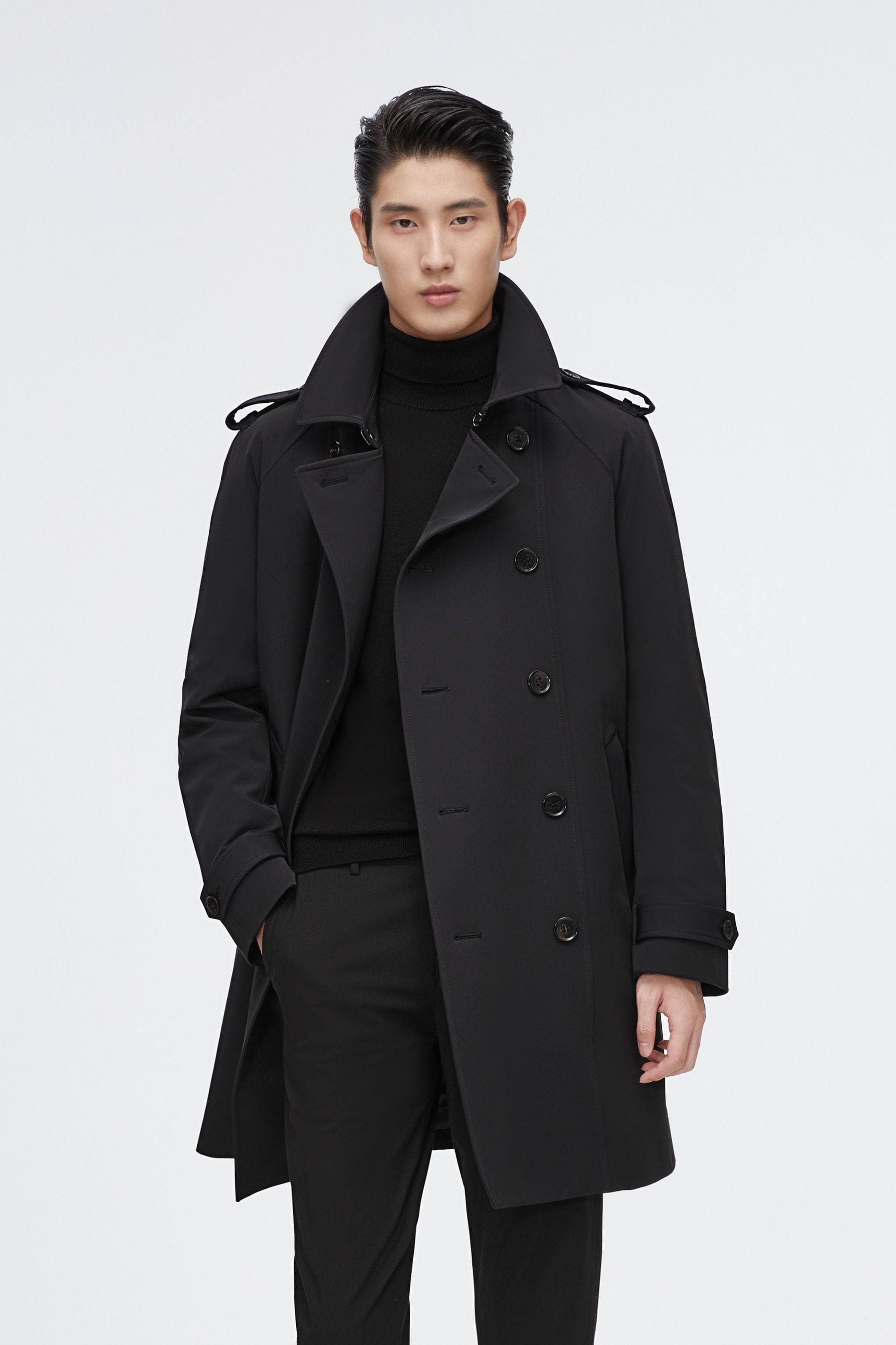 BOSIDENG 2022 Mid-length Detachable Goose Down Trench Coat Jacket Black / XS