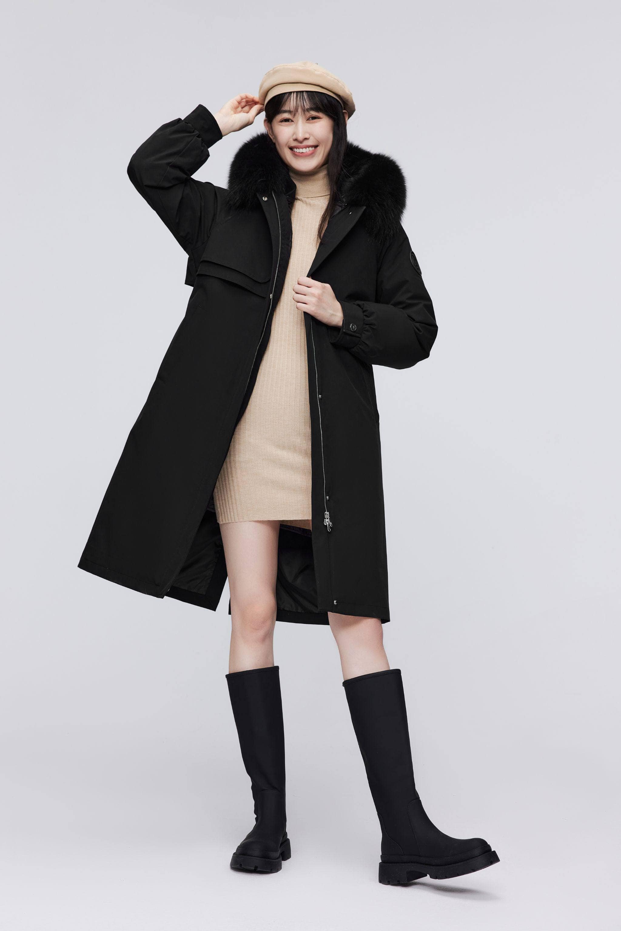 BOSIDENG 2023 Knee Length Fox Fur Down Parka Jacket 4 / Black