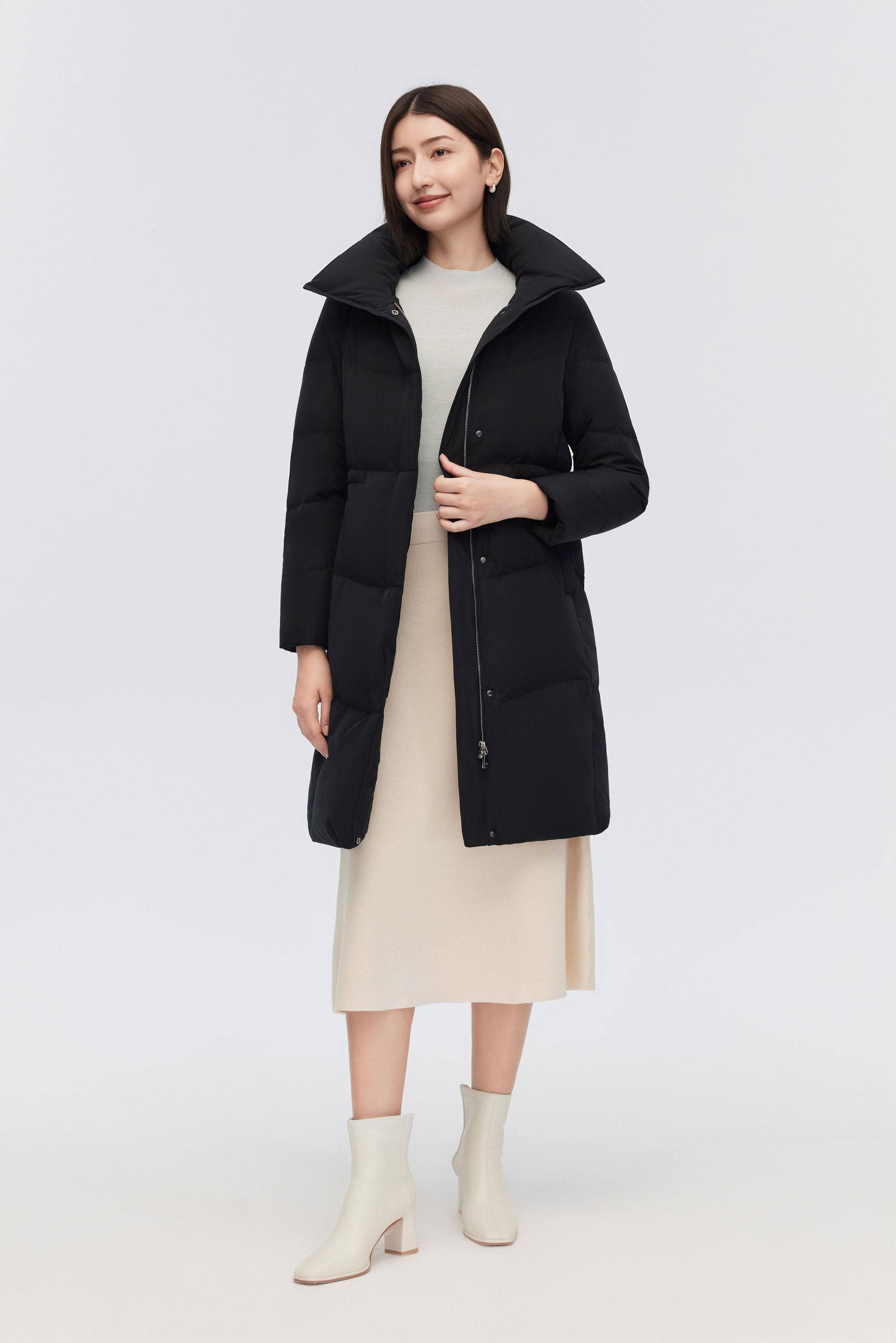 BOSIDENG 2023 Women's Classic Business Knee Length Goose Down Coat Jacket 4 / Black