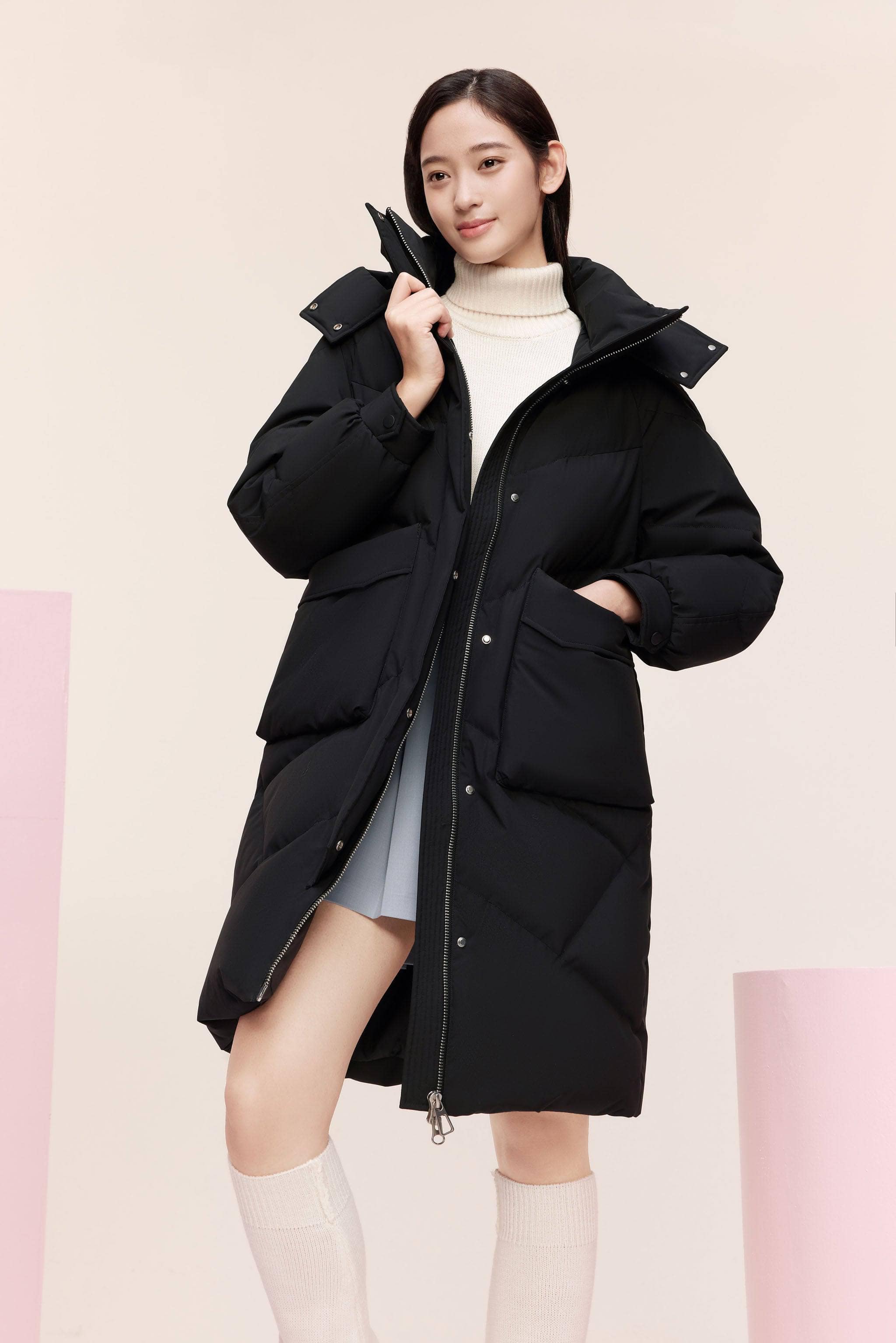 BOSIDENG 2023 Women's Classic Down Coat with Hood 5252 Jacket 4 / Black