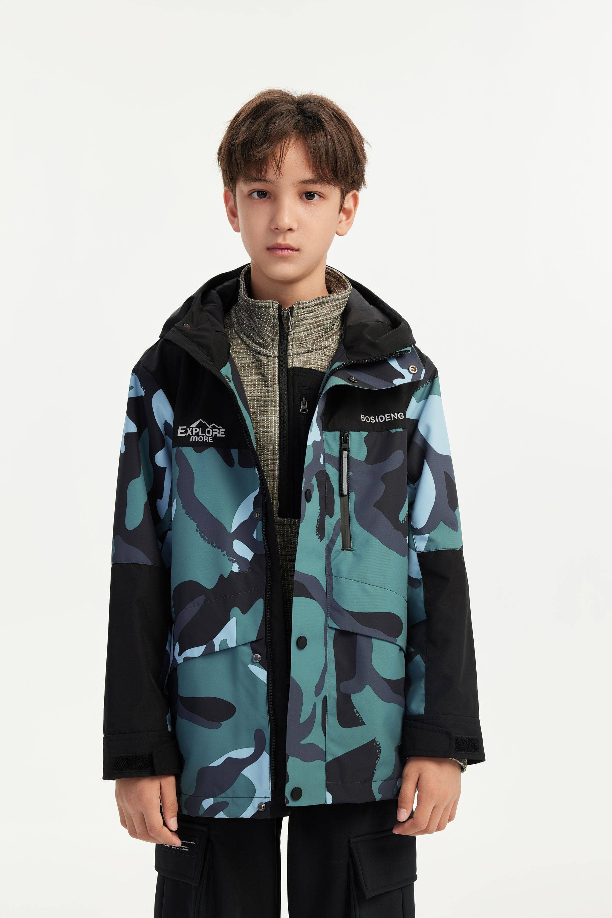 BOSIDENG 2023 Kid's 3 in 1 Waterproof Hoody Down Jacket Jacket 7-8Y / Camo Green
