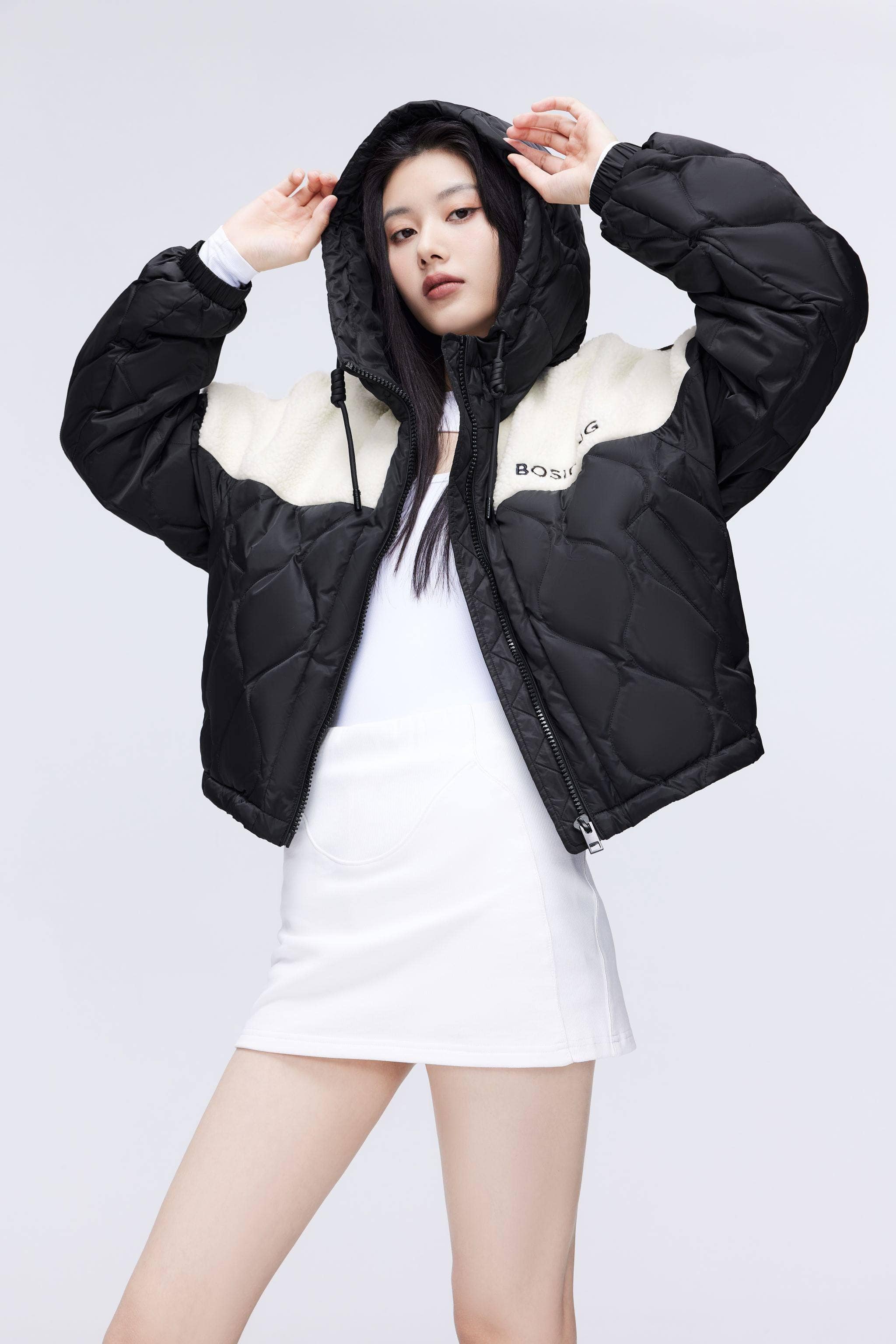 BOSIDENG 2023 Drop Shoulder Lambwool Down Coat Jacket XXXS / Black/ Off White