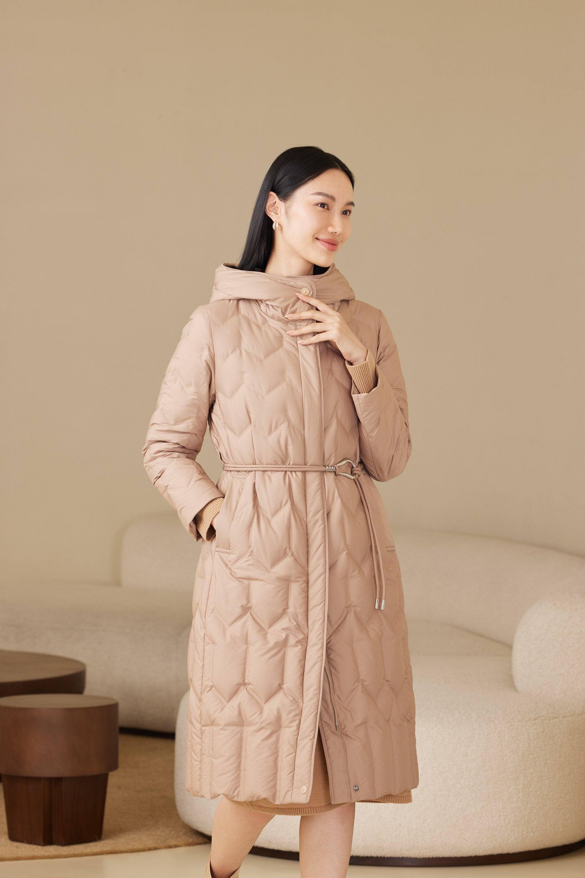 BOSIDENG 2024 Women's Long Hooded Goose Down Jacket With Belt 4172 16 / Light Mocha