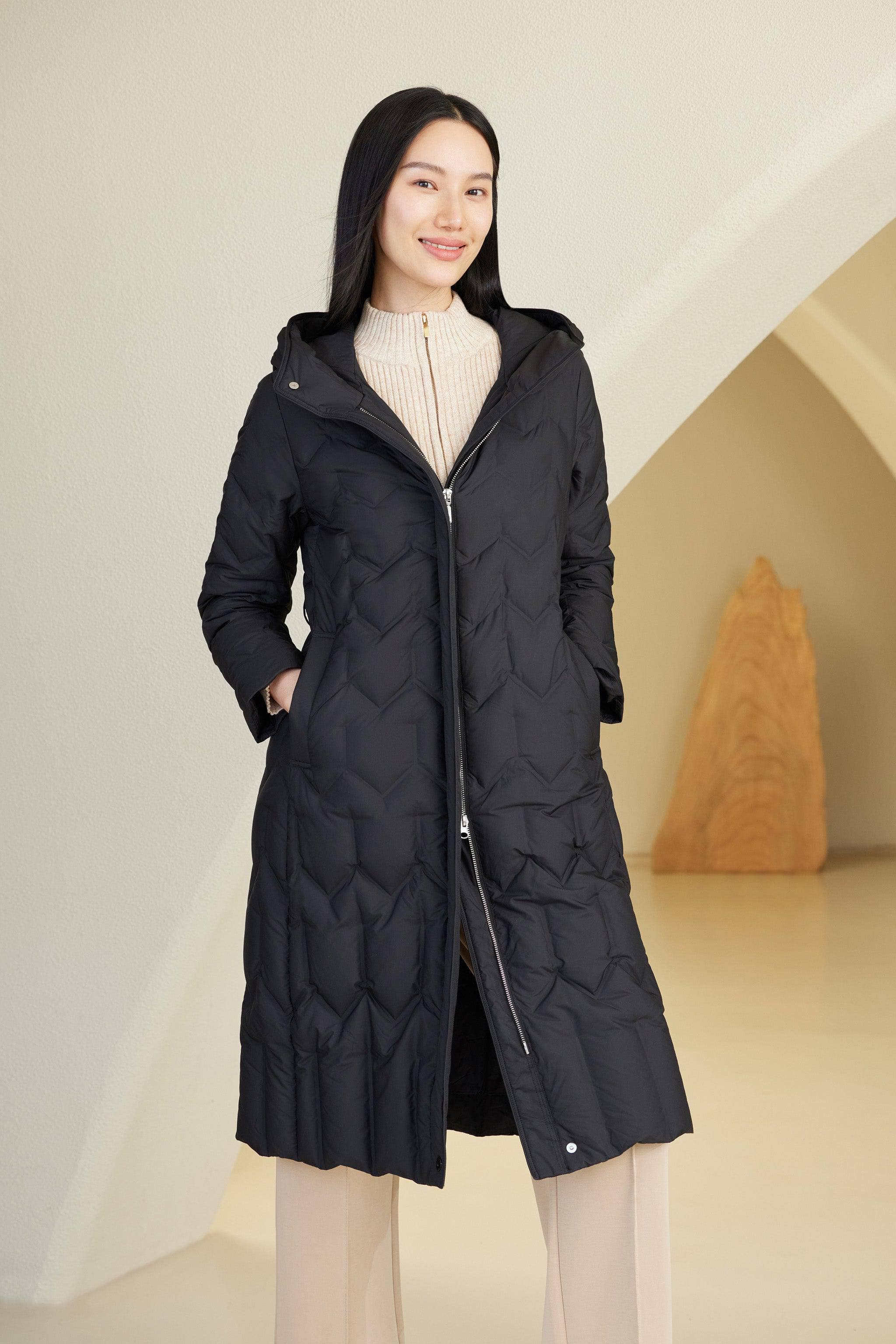 BOSIDENG 2024 Women's Long Hooded Goose Down Jacket With Belt 4172 6 / Black