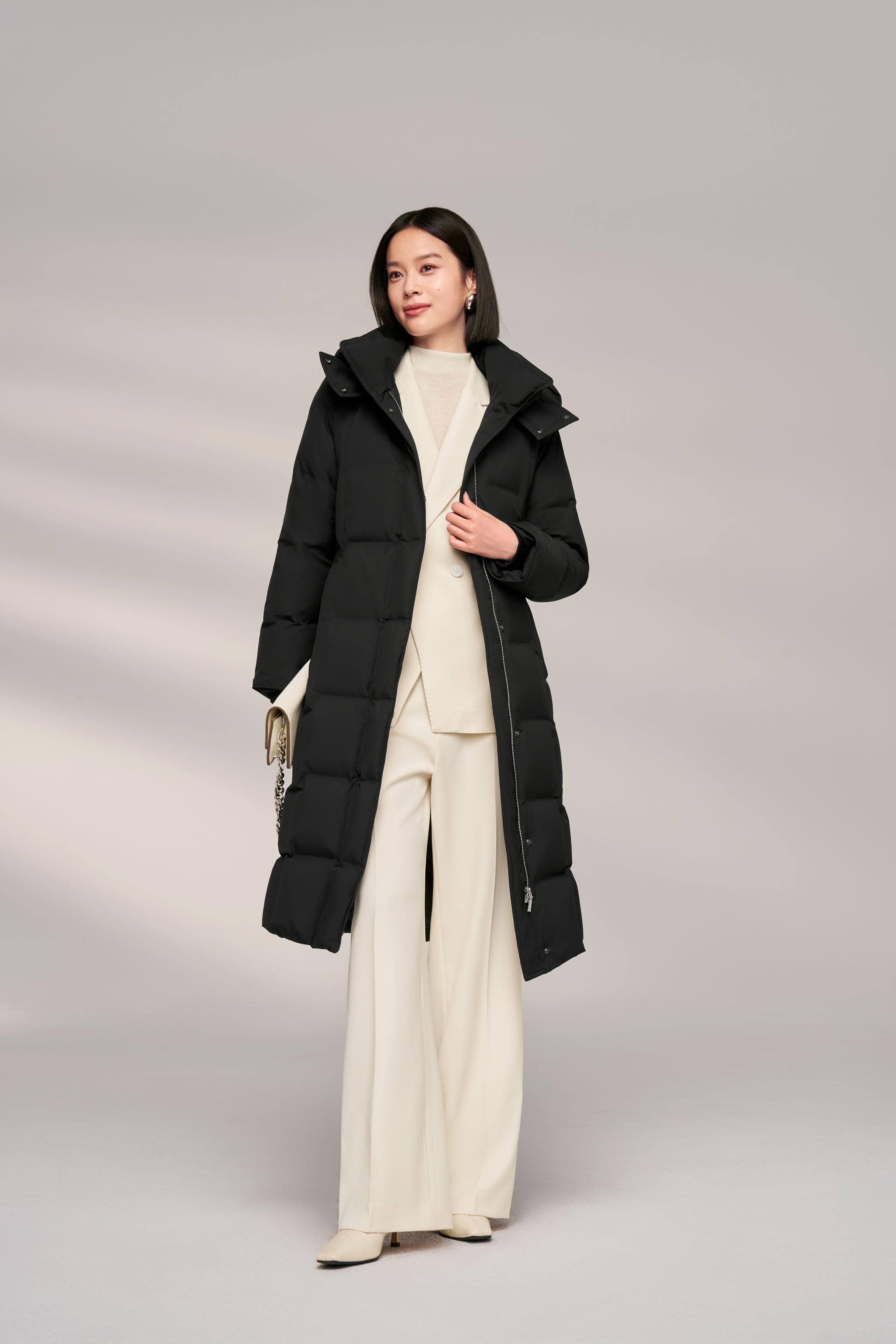 BOSIDENG 2024 Women’s Patterned Long Goose Down Coat With Belt Coats Black / 4