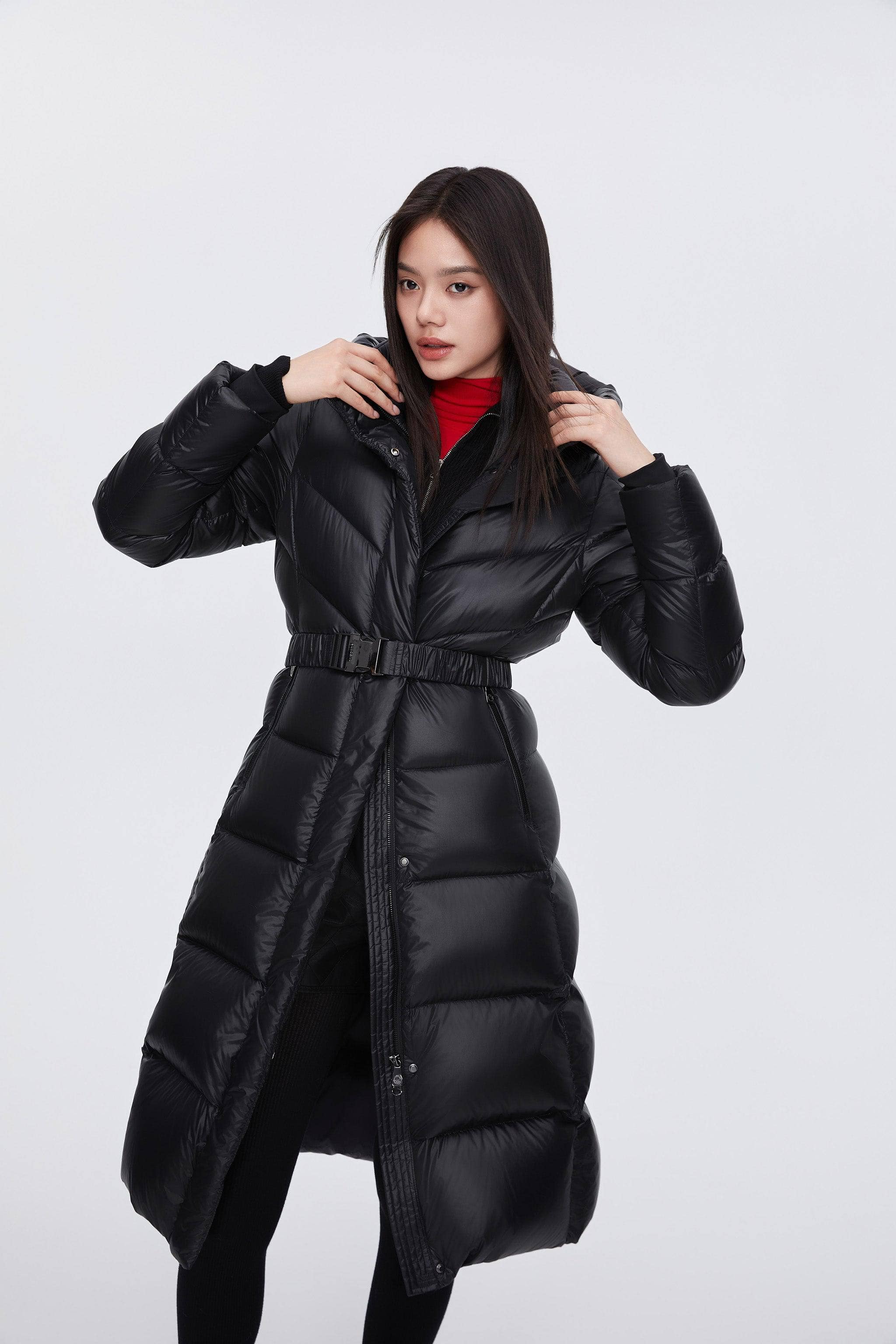 Women's Long Hooded Puffer Jacket with Belt BOSIDENG