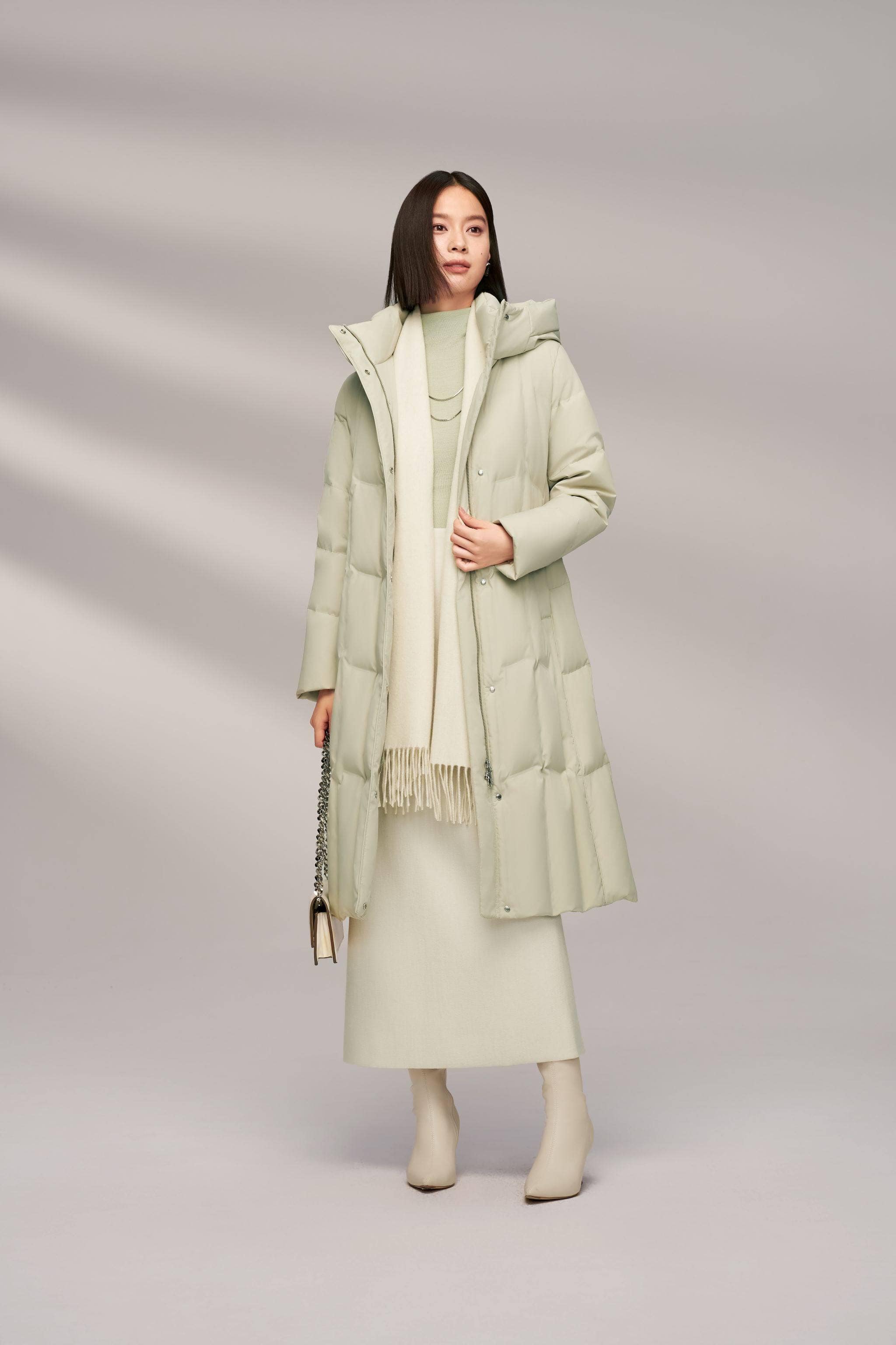 BOSIDENG 2024 Women’s Long Goose Down Coat With Elasticated Waist Coats Green grey / 4