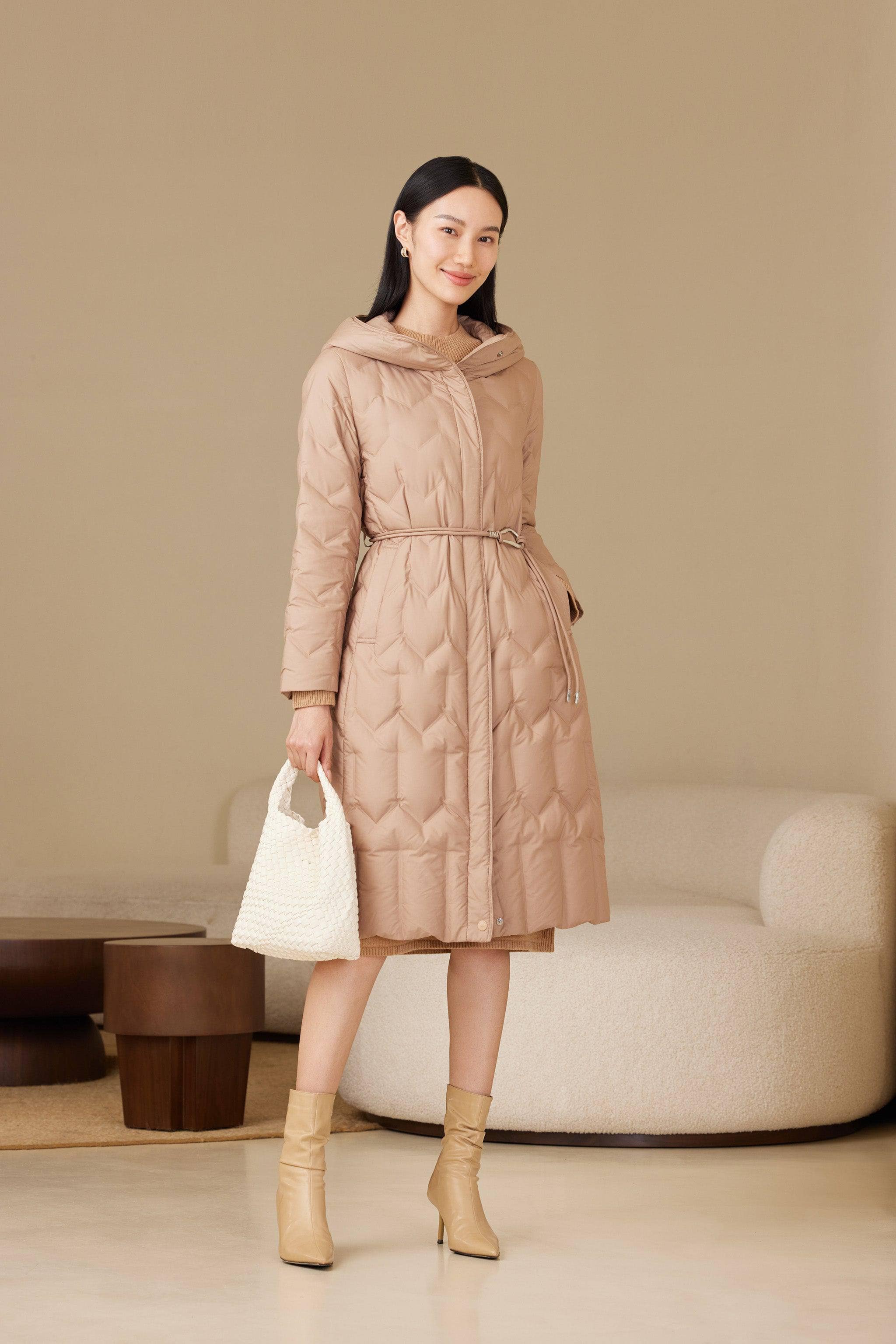 BOSIDENG 2024 Women's Long Hooded Goose Down Jacket With Belt 4172