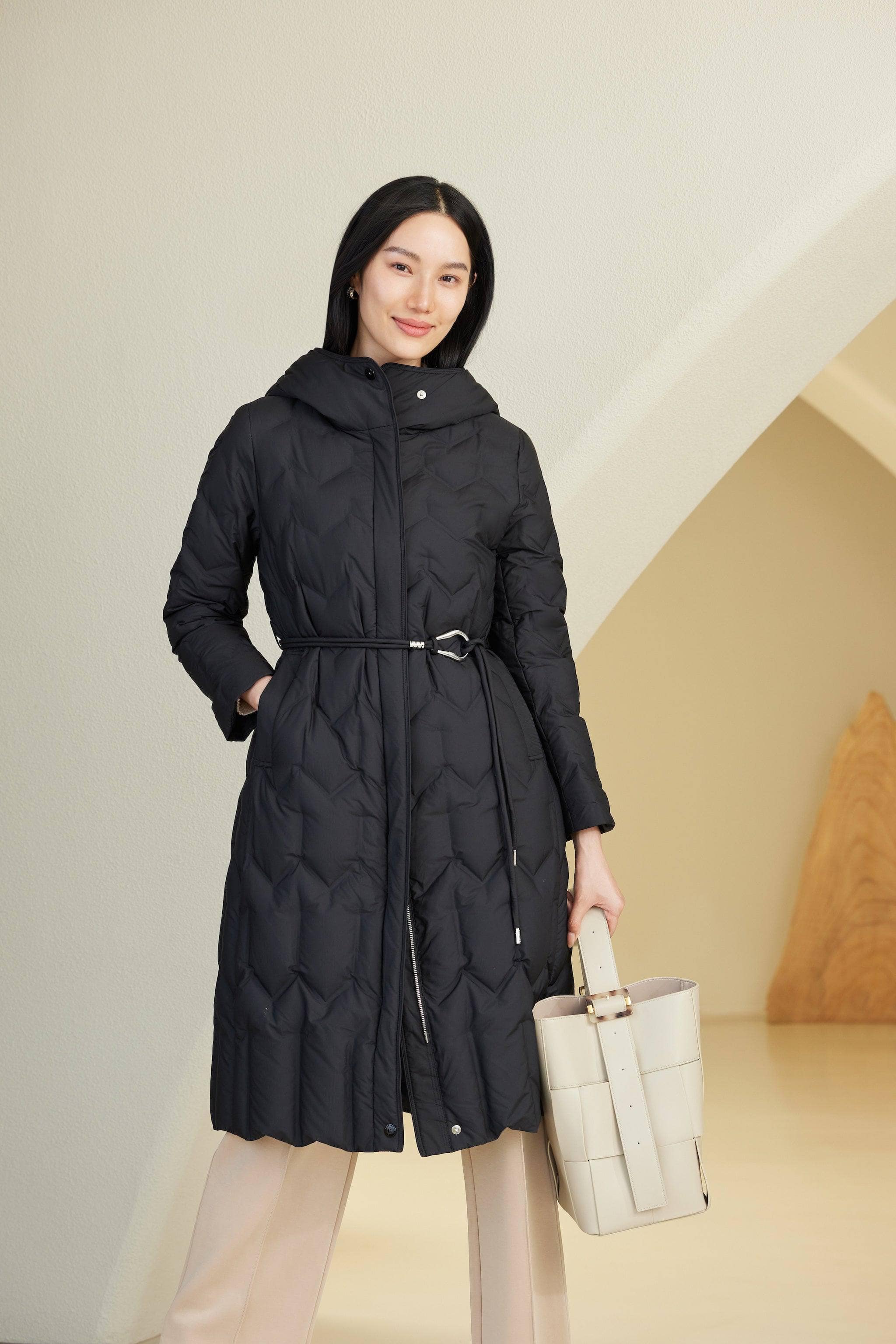 BOSIDENG 2024 Women's Long Hooded Goose Down Jacket With Belt 4172
