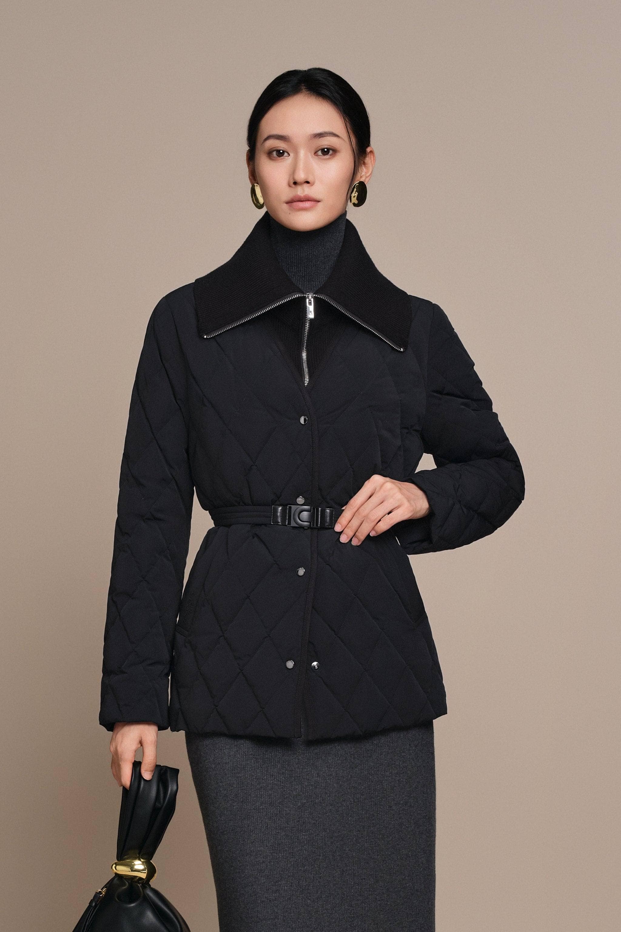 BOSIDENG 2025 Women's Mixed Media Goose Down Jacket With Belt Black / 4