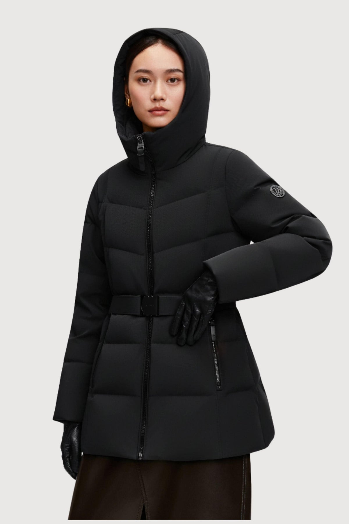 Women's Premium Extreme Short Goose Down Jacket With Belt 722 — jacket transitions seamlessly from outdoor commutes in Black, sizes 4–16; water-resistant, windproof