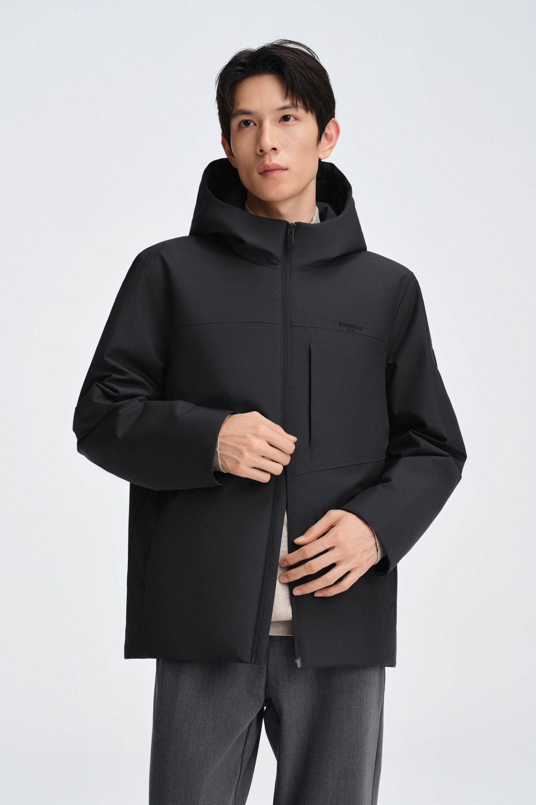 BOSIDENG 2025 Men's Short Length Goose Down Business Jacket With Hood Black / XS