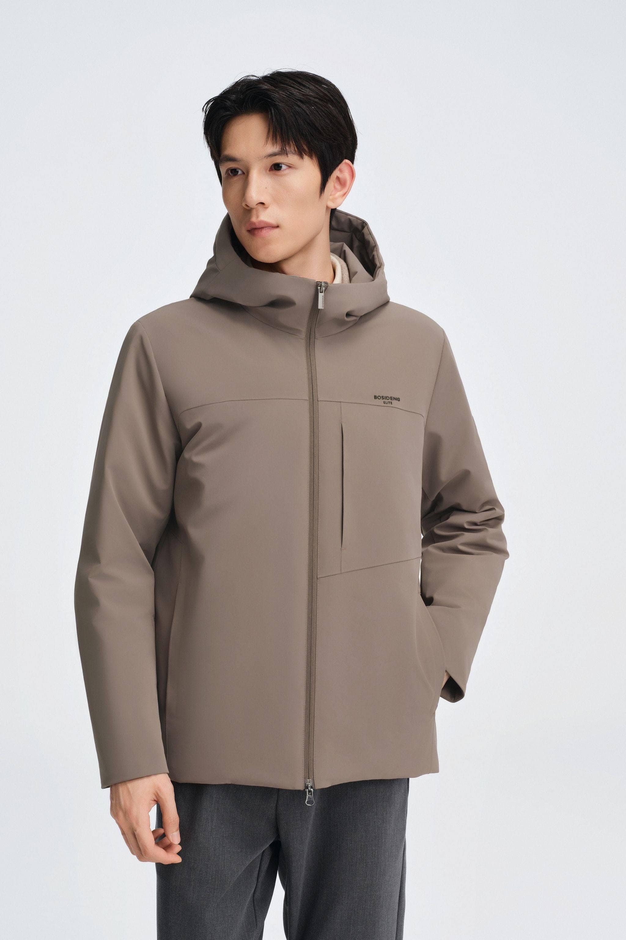 BOSIDENG 2025 Men's Short Length Goose Down Business Jacket With Hood Grey Green / XS
