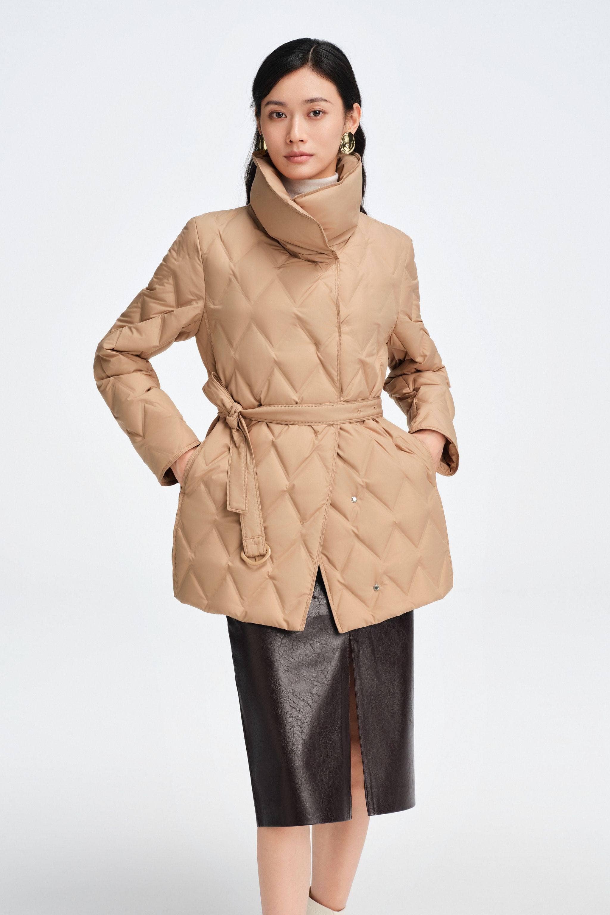BOSIDENG 2025 Women's Waist Length Goose Down Business Jacket With Belt Jacket Olive Tan / 4