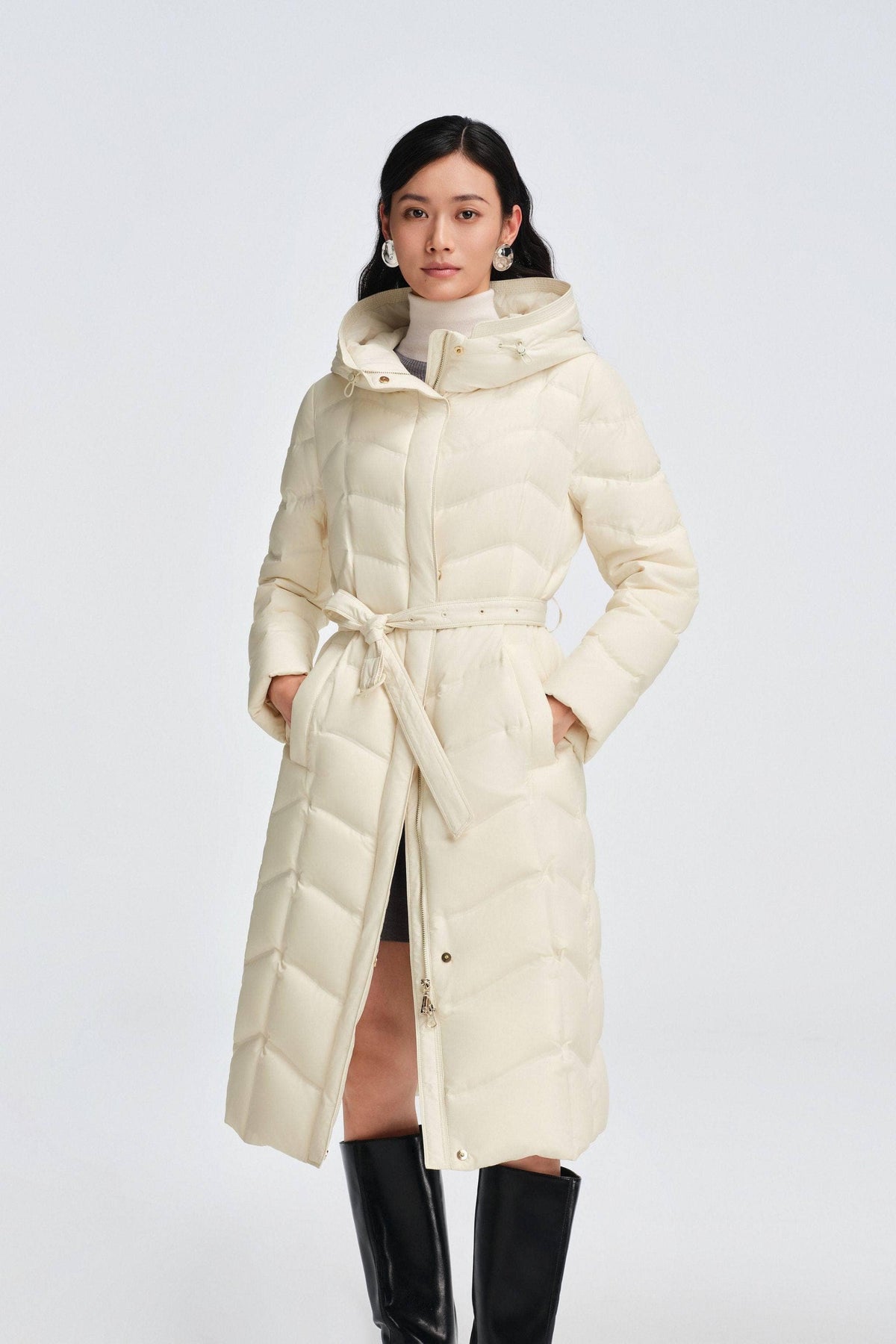 Women's Full Length Goose Down Business Jacket With Belt