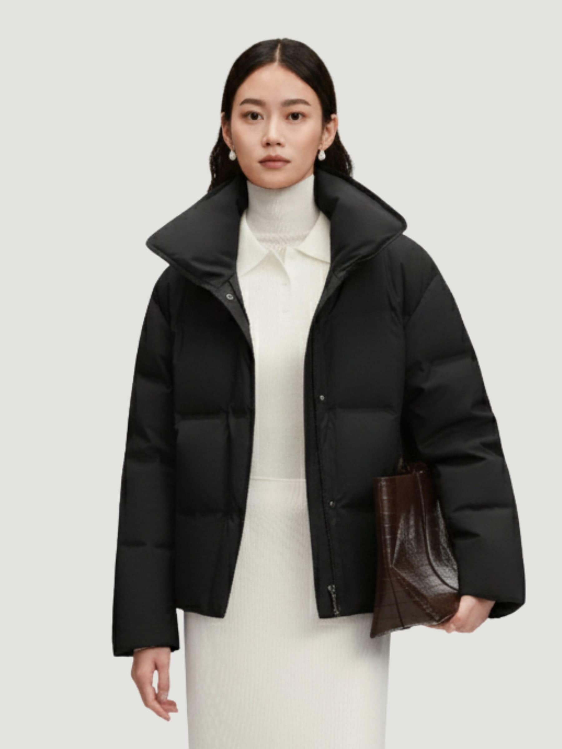 Women's Business Classic Goose Down Jacket With Lapel 112 — Crafted from refined Chinese jacquard fabric in Black, sizes 4–14
