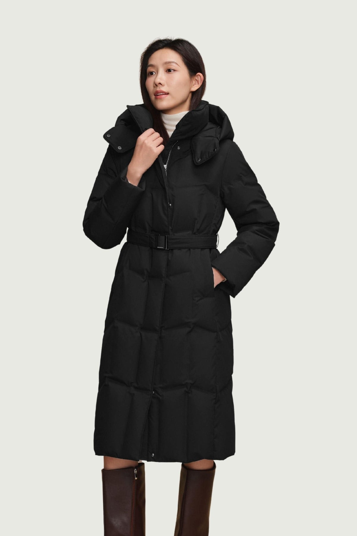 Women's Long Hooded Goose Down Jacket With Belt 146