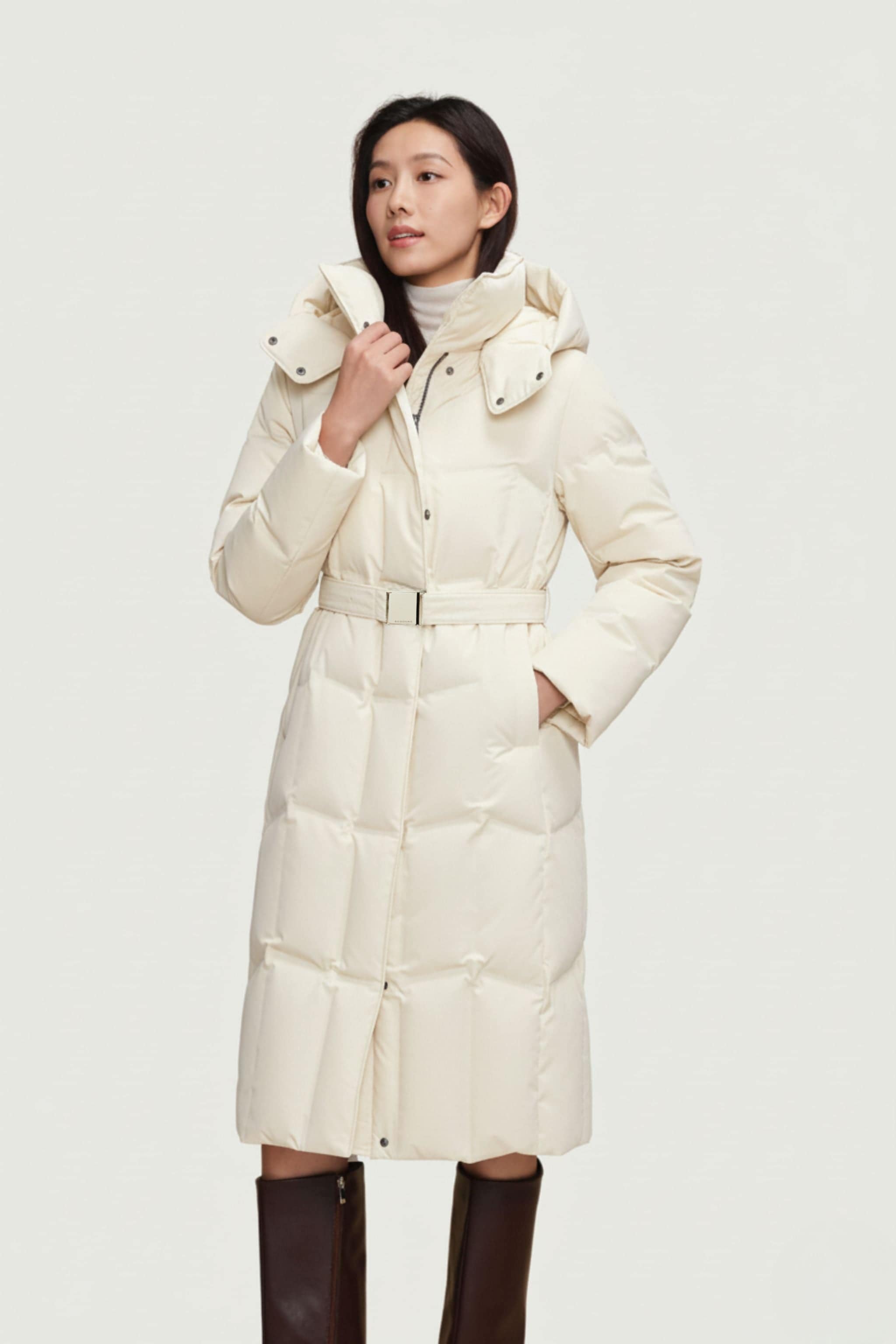 BOSIDENG 2025 Women's Long Hooded Goose Down Jacket With Belt 146 Jacket