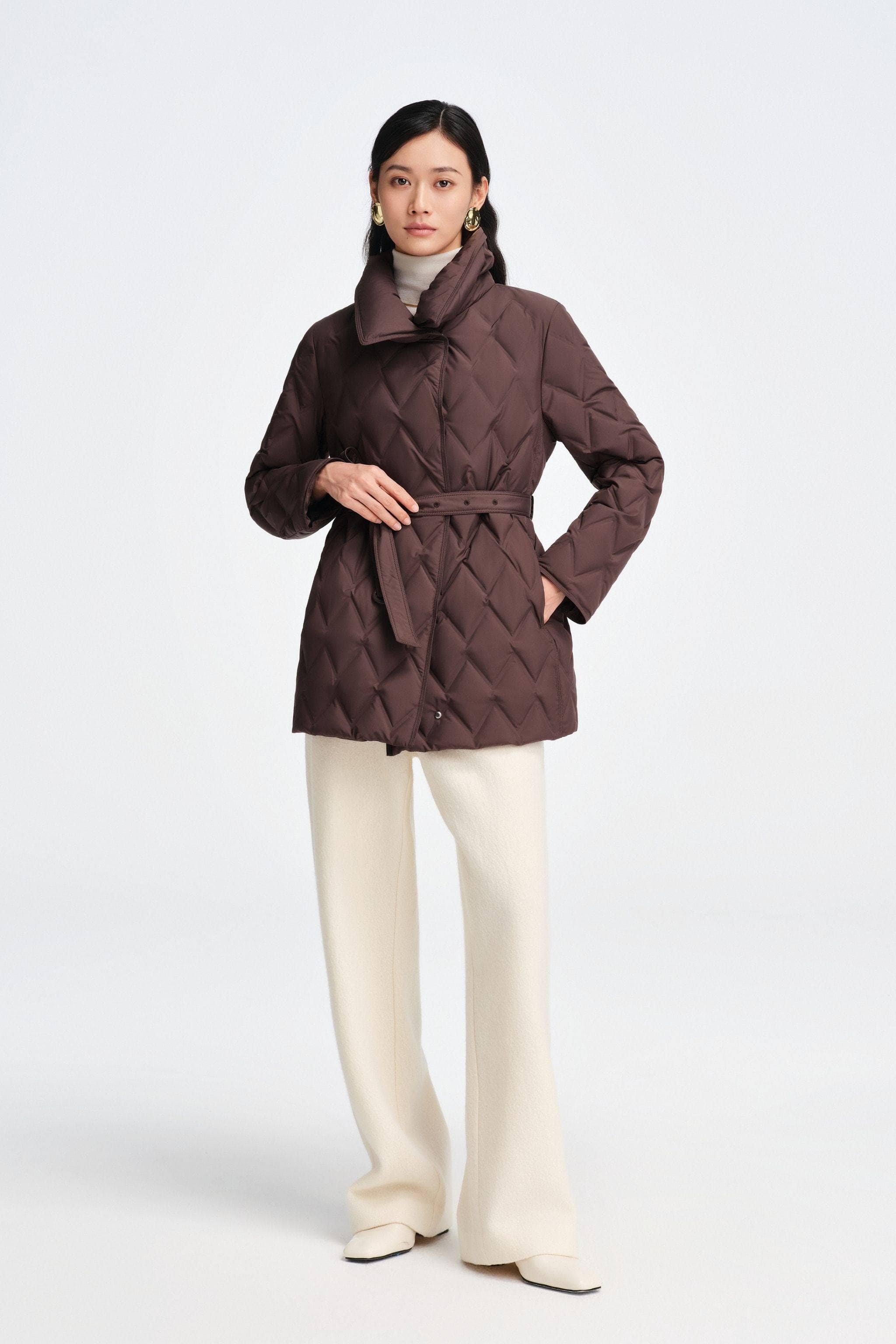 BOSIDENG 2025 Women's Waist Length Goose Down Business Jacket With Belt Jacket