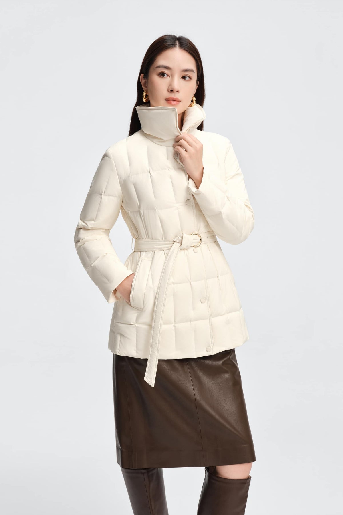 Womens Lapel Collar Goose Down Jacket W/ Belt 142