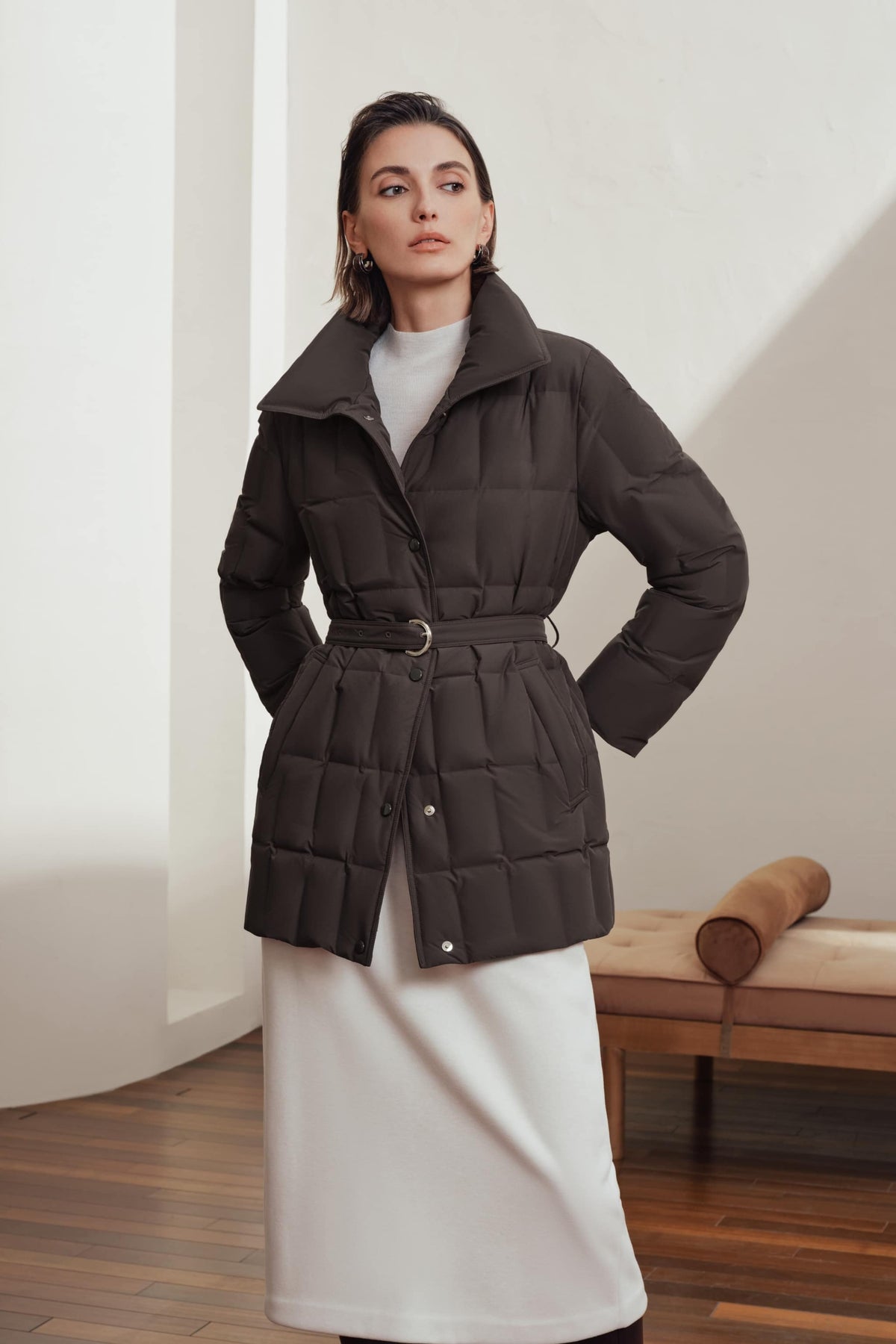 Womens Lapel Collar Goose Down Jacket W/ Belt 142