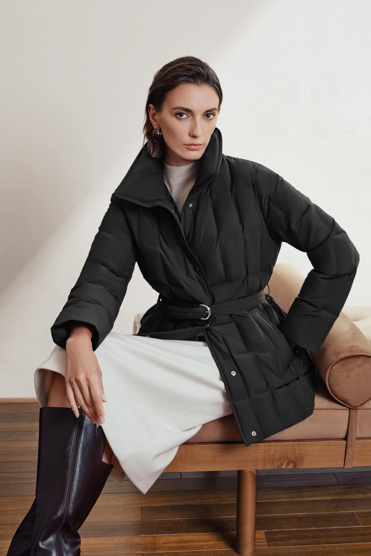 Womens Lapel Collar Goose Down Jacket W/ Belt 142