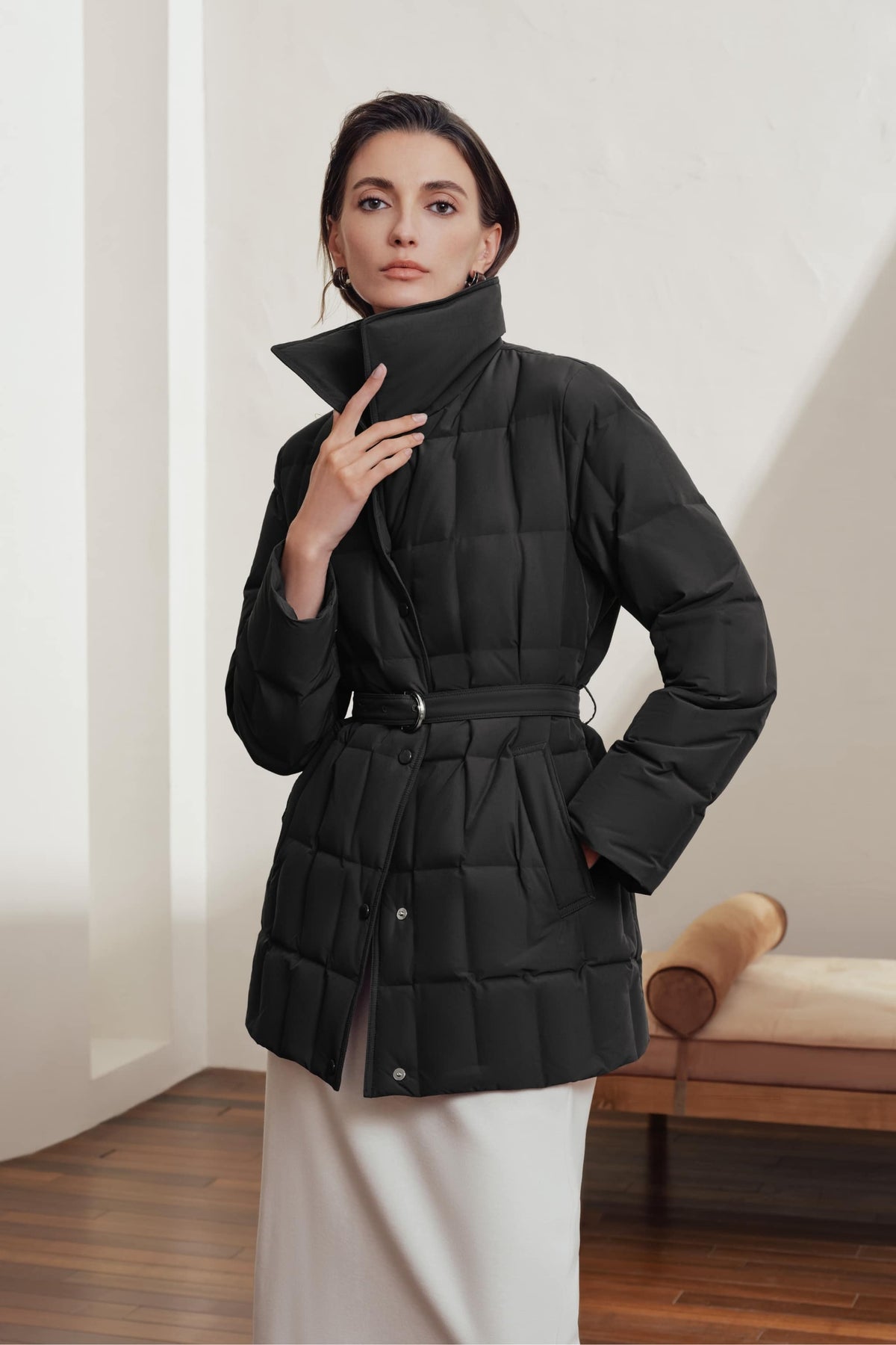 Womens Lapel Collar Goose Down Jacket W/ Belt 142