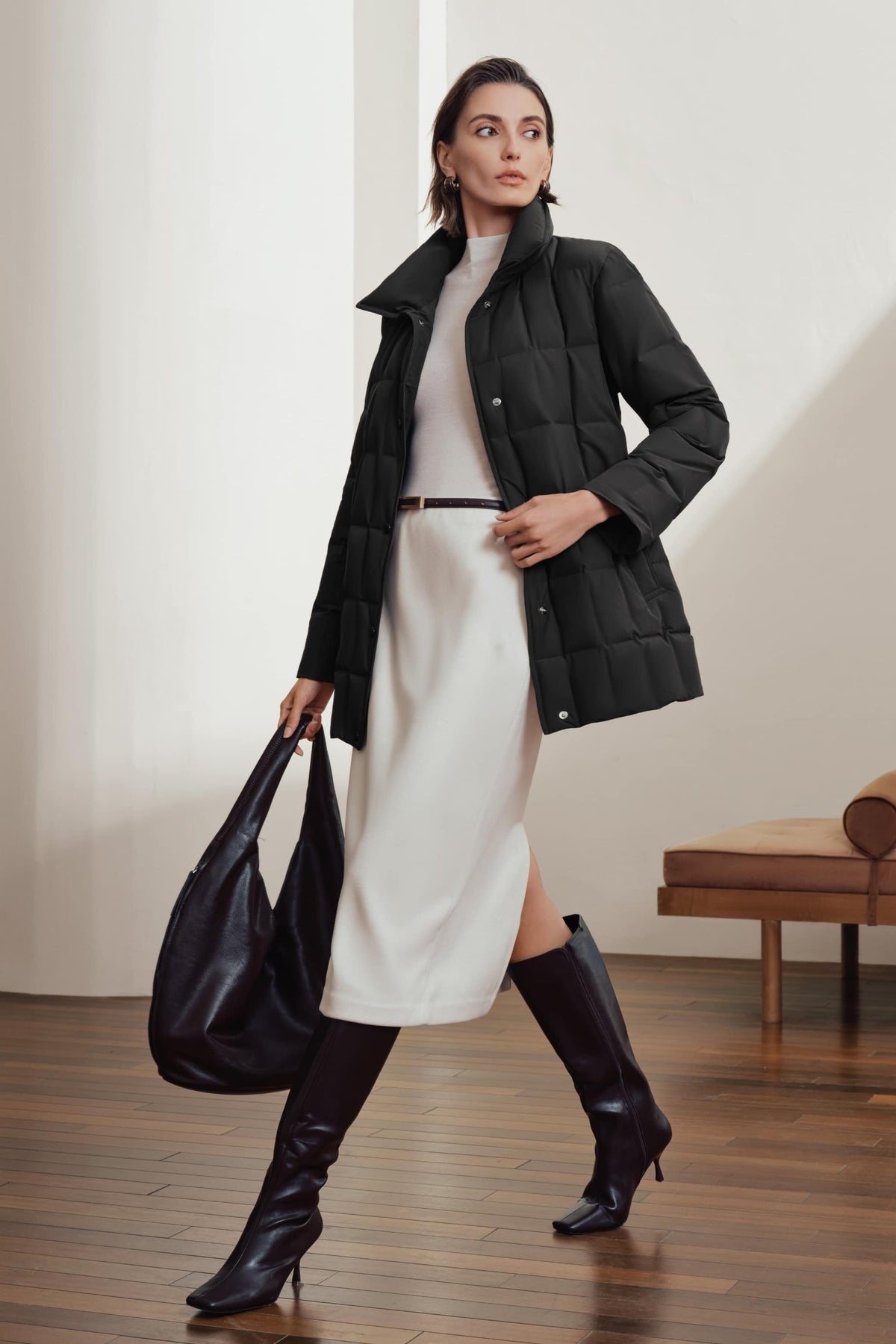Womens Lapel Collar Goose Down Jacket W/ Belt 142