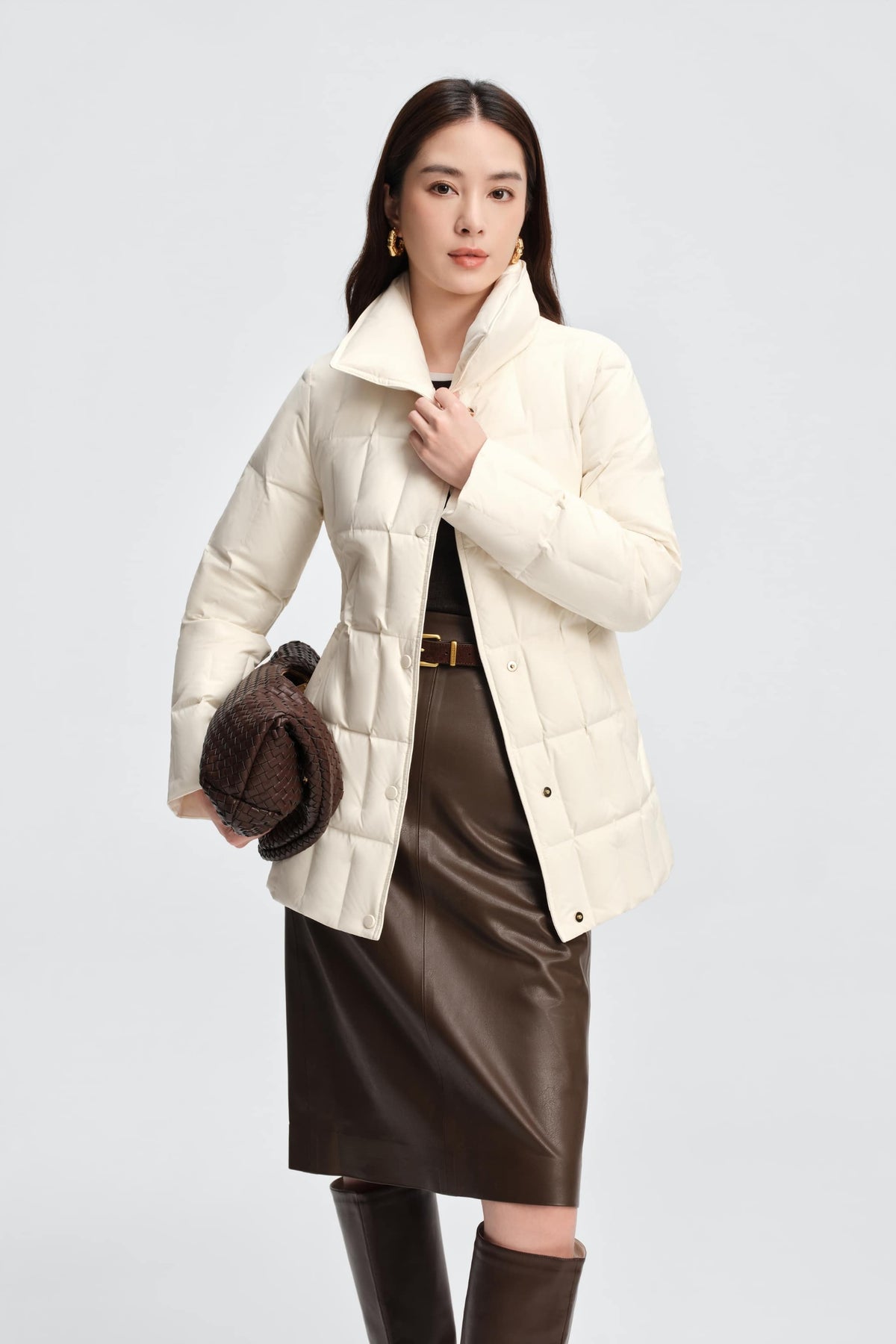 Womens Lapel Collar Goose Down Jacket W/ Belt 142