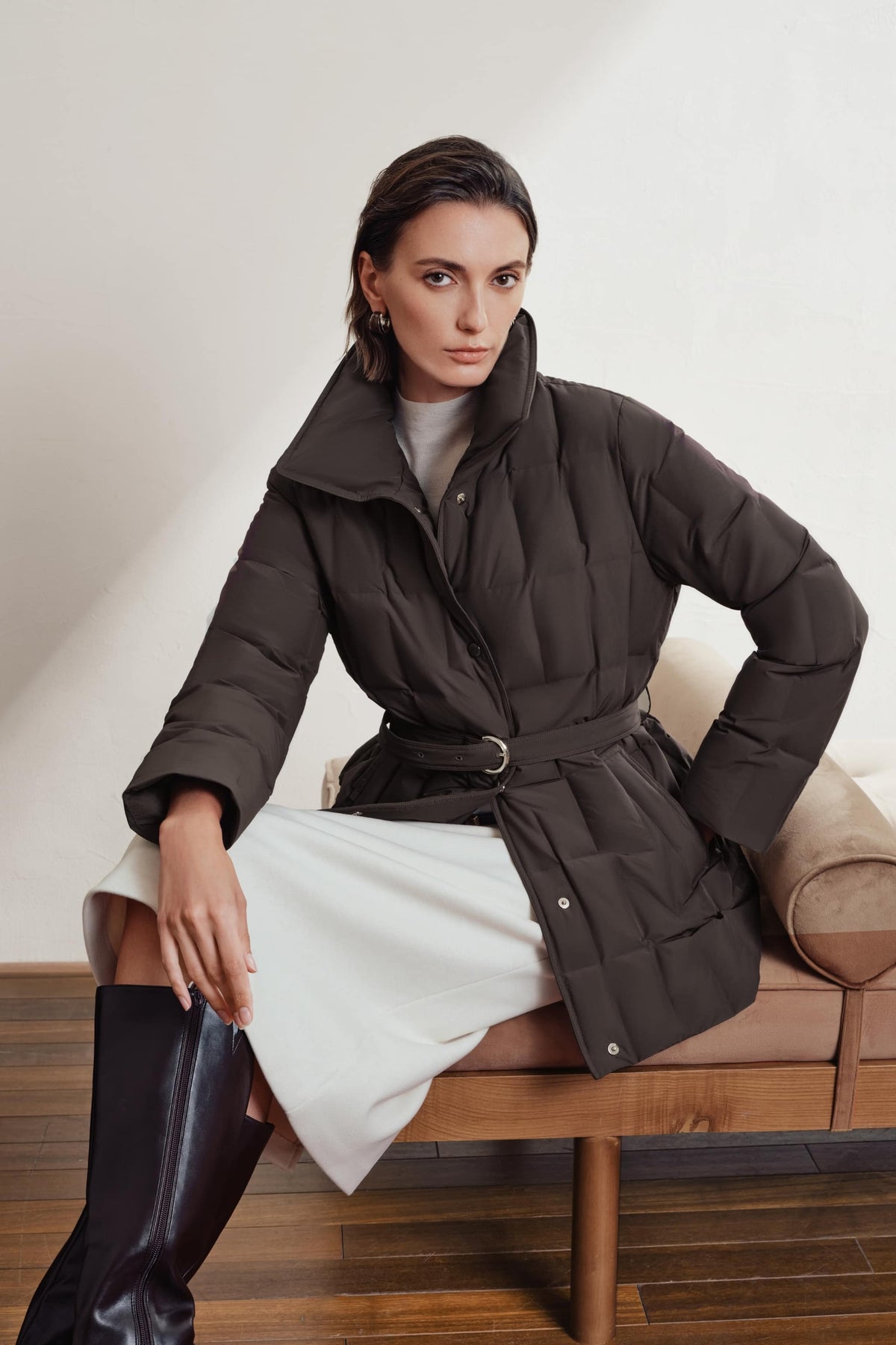 Womens Lapel Collar Goose Down Jacket W/ Belt 142