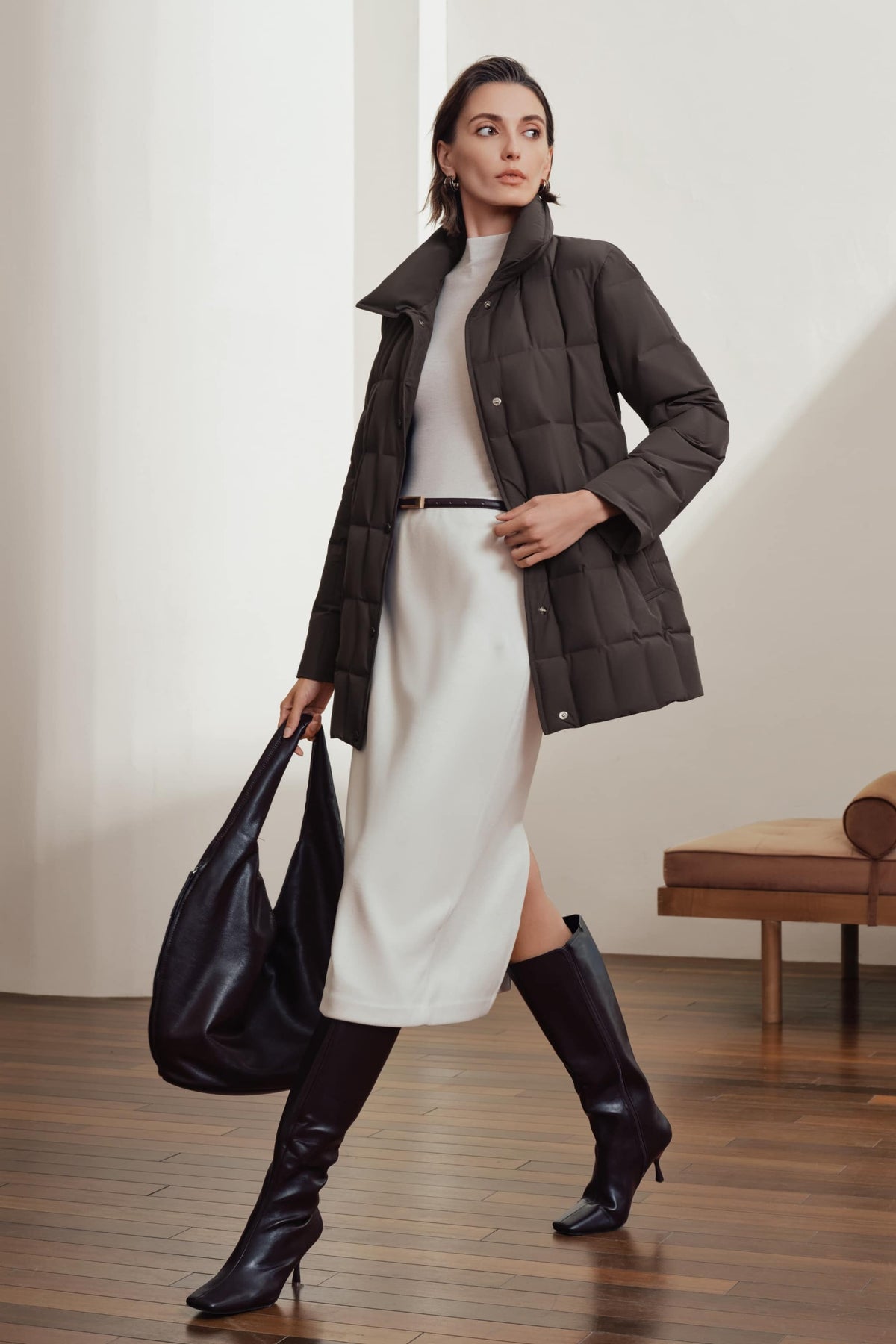 Womens Lapel Collar Goose Down Jacket W/ Belt 142